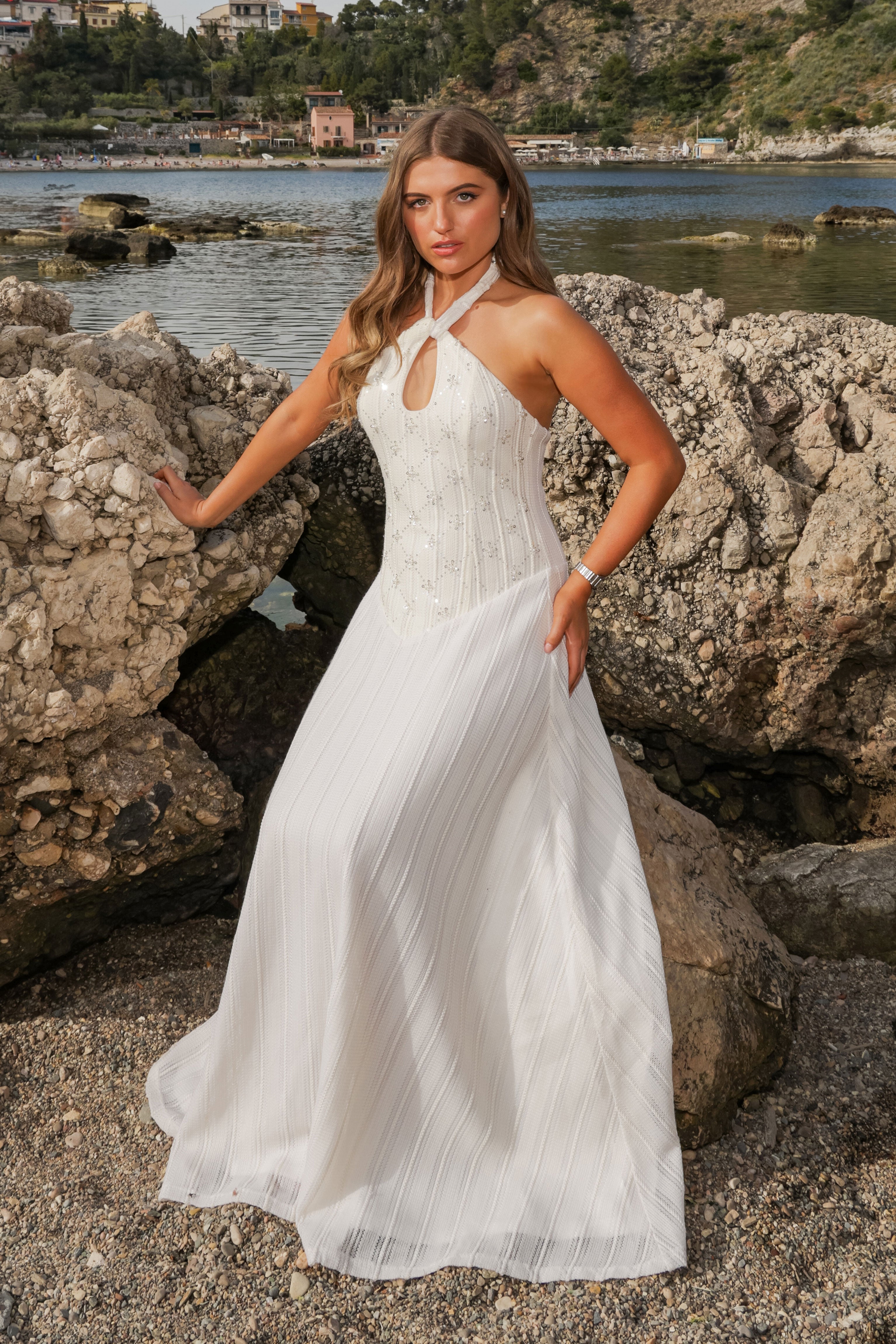 Gaia Cream Crochet Halterneck Maxi Dress