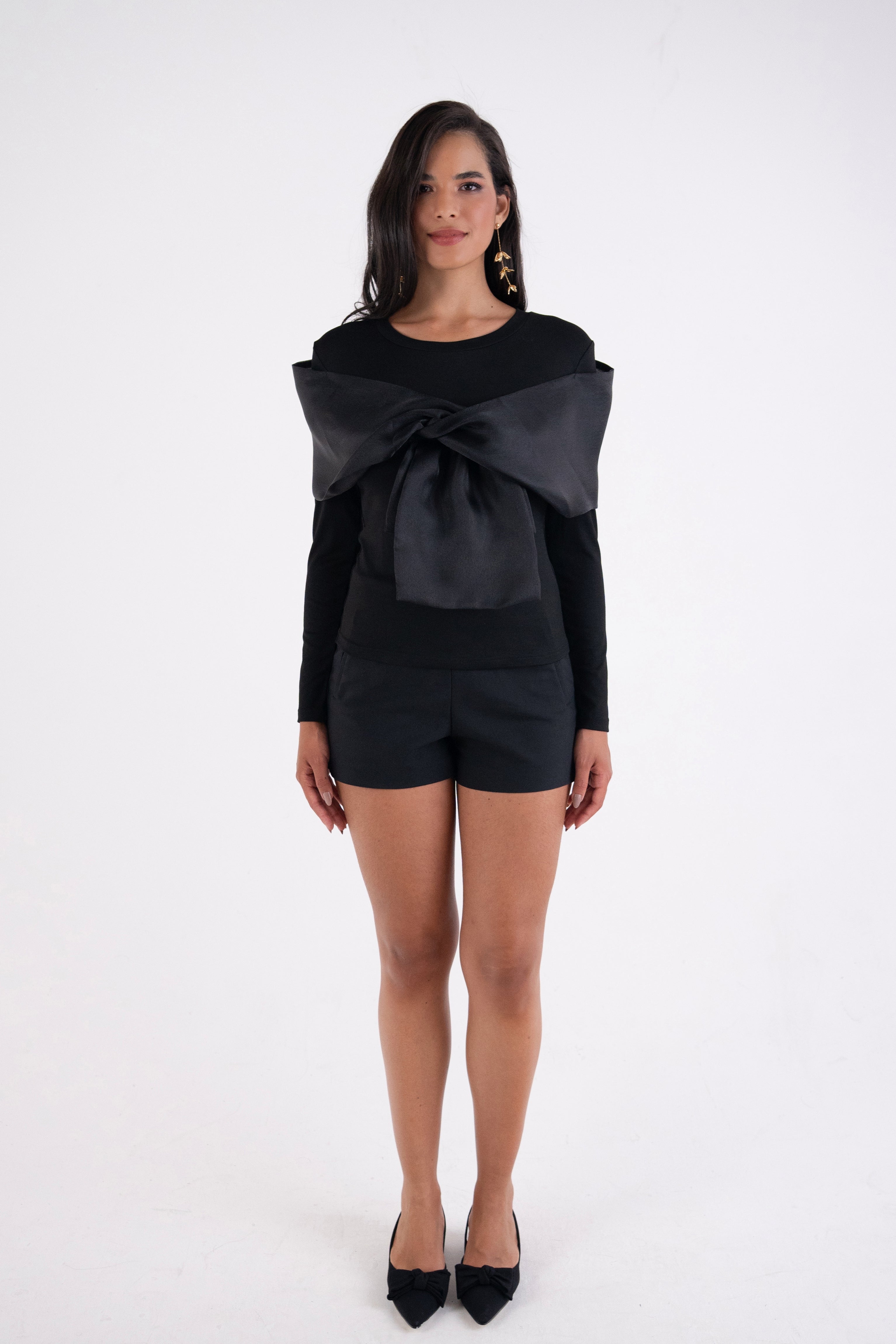 Helena Black Long Sleeve Top with Organza Bow Detail