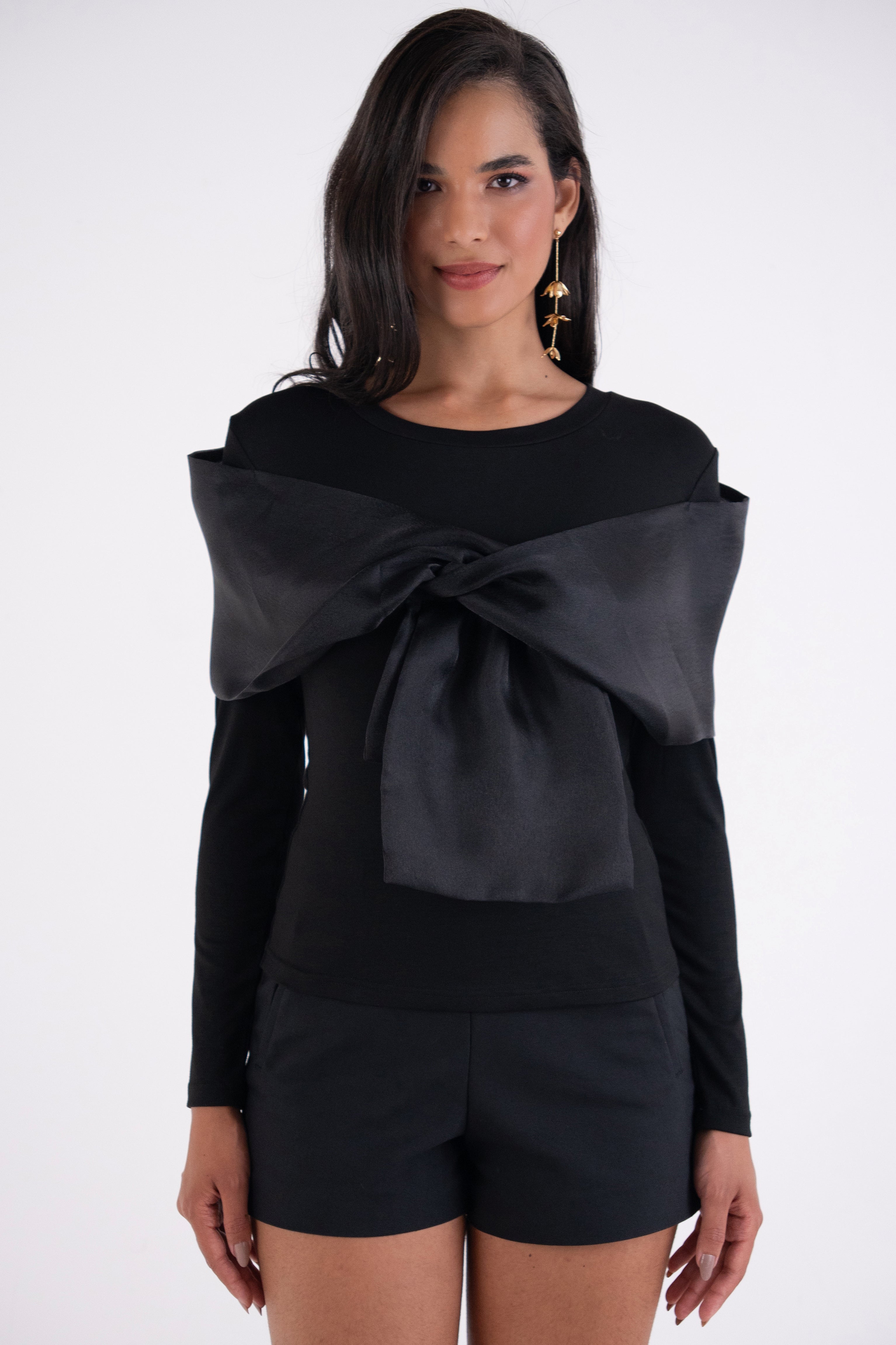 Helena Black Long Sleeve Top with Organza Bow Detail