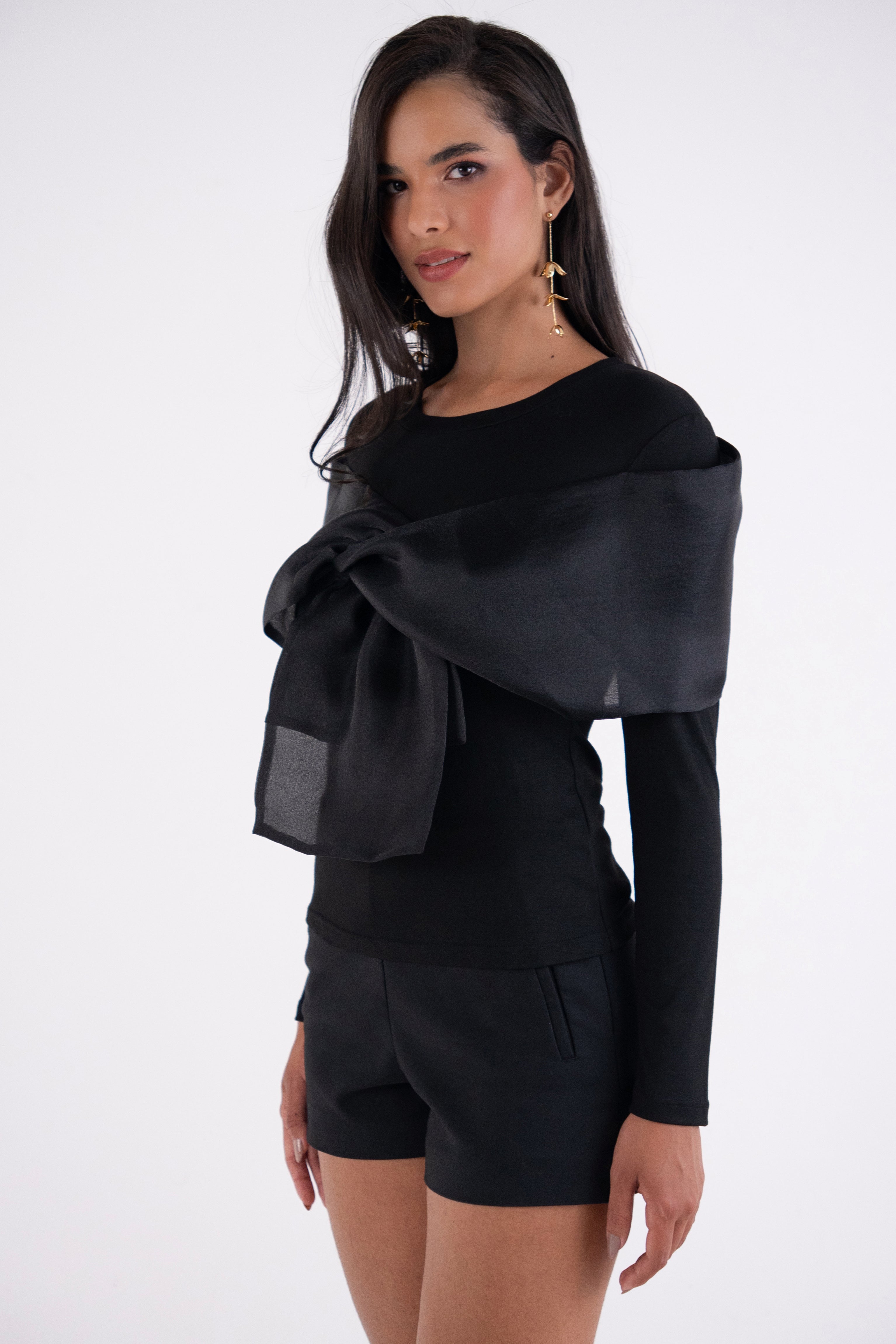 Helena Black Long Sleeve Top with Organza Bow Detail