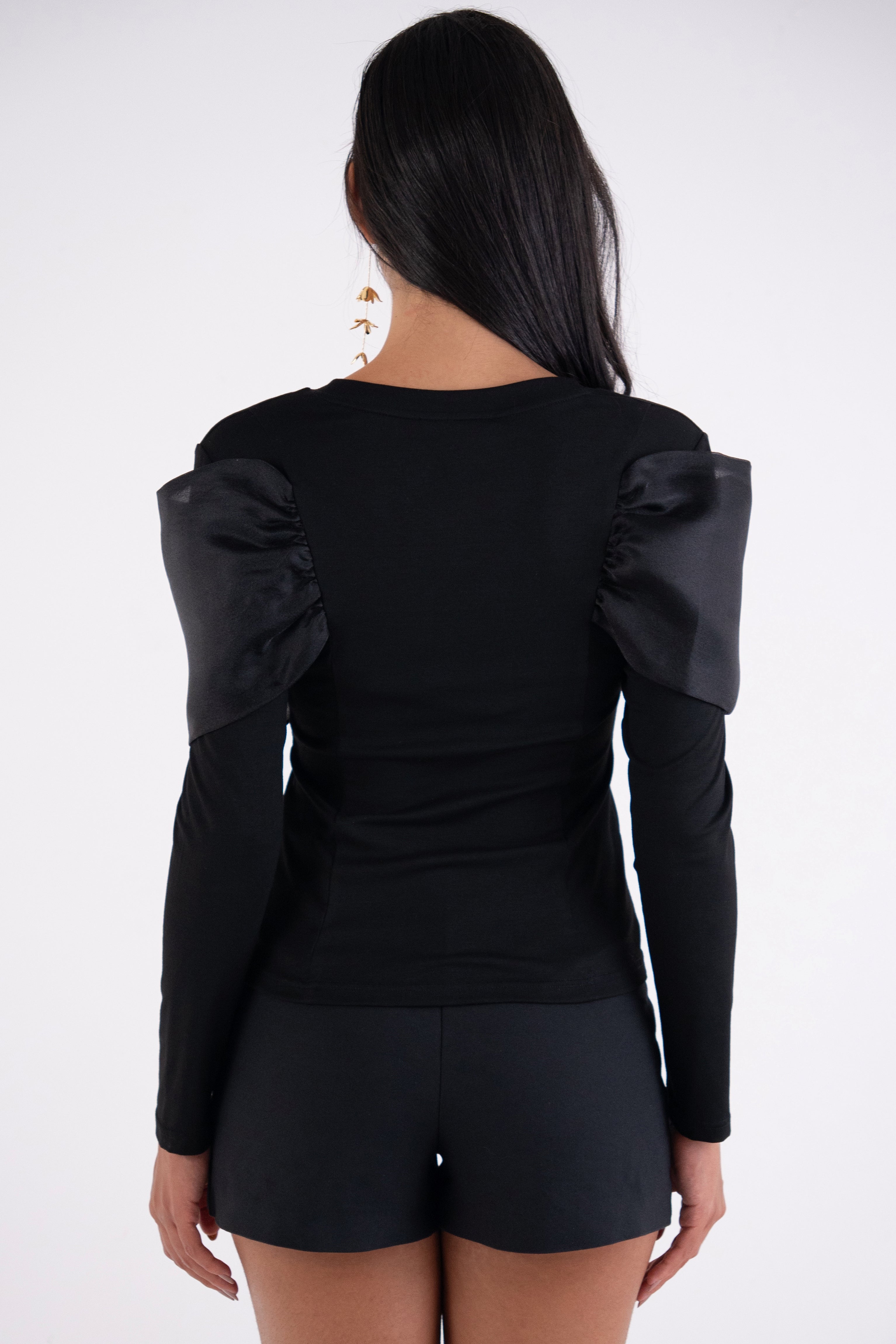 Helena Black Long Sleeve Top with Organza Bow Detail