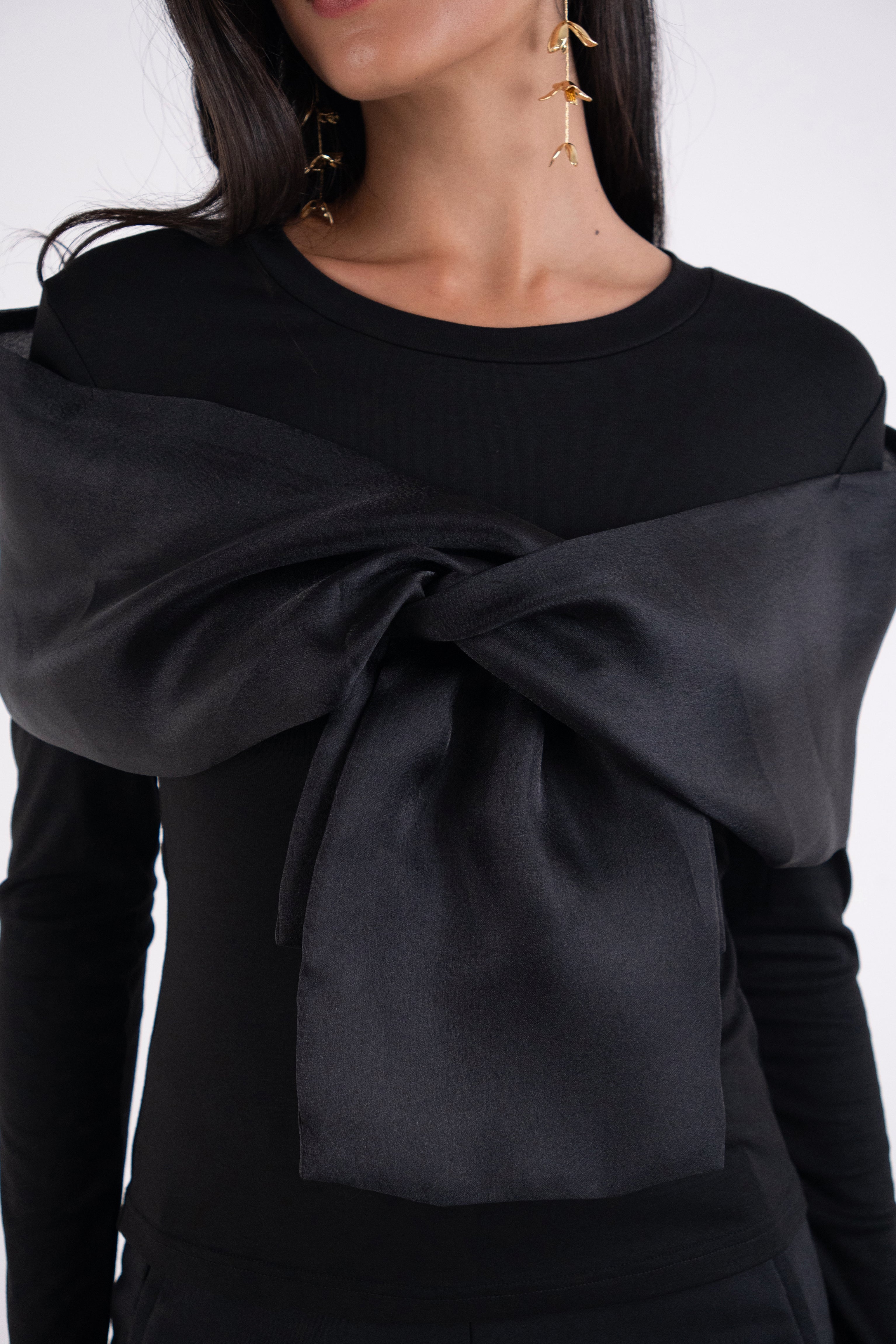 Helena Black Long Sleeve Top with Organza Bow Detail