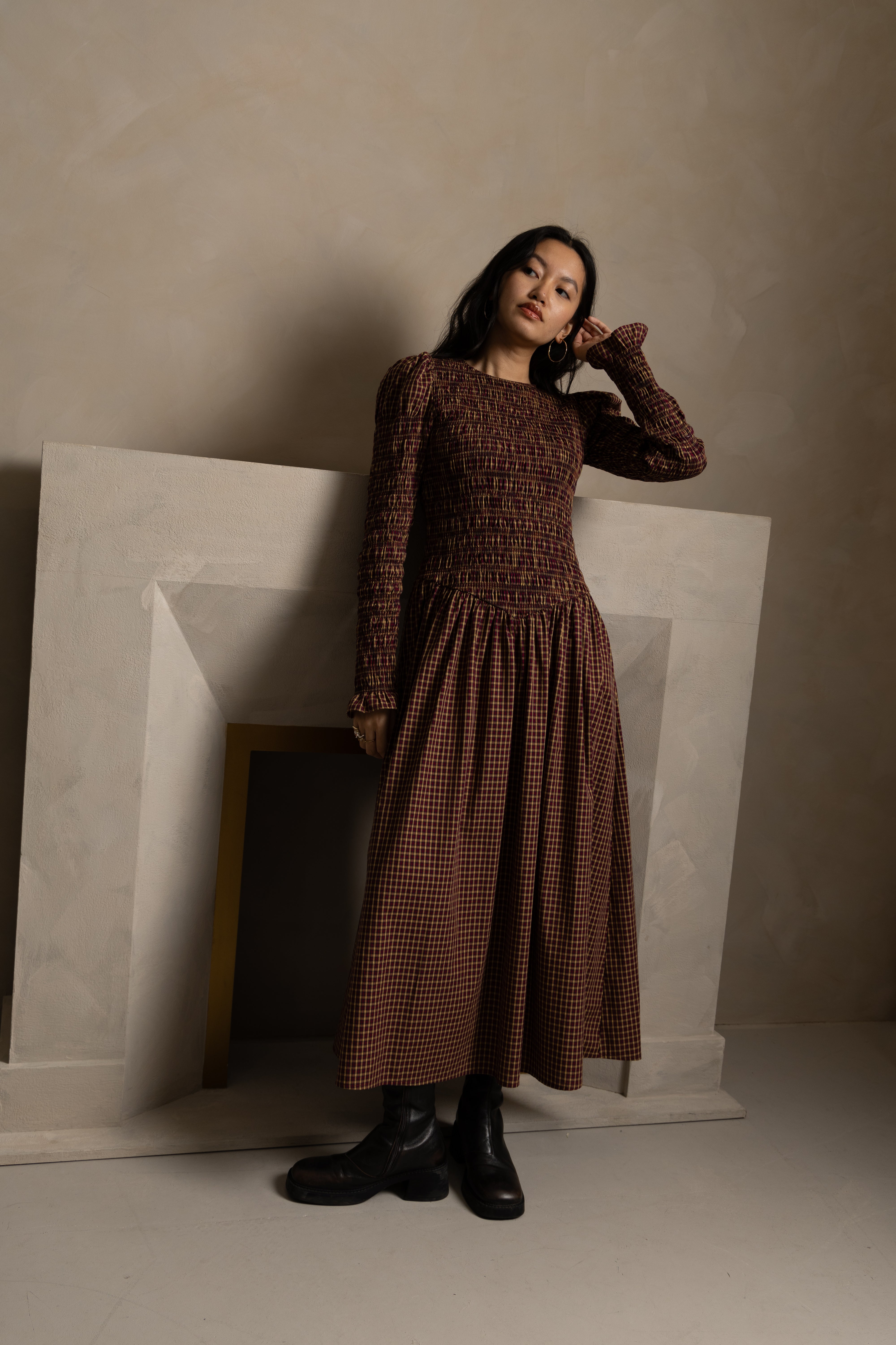 Cara Smocked Cotton Midiaxi Dress in Multi Gingham Check