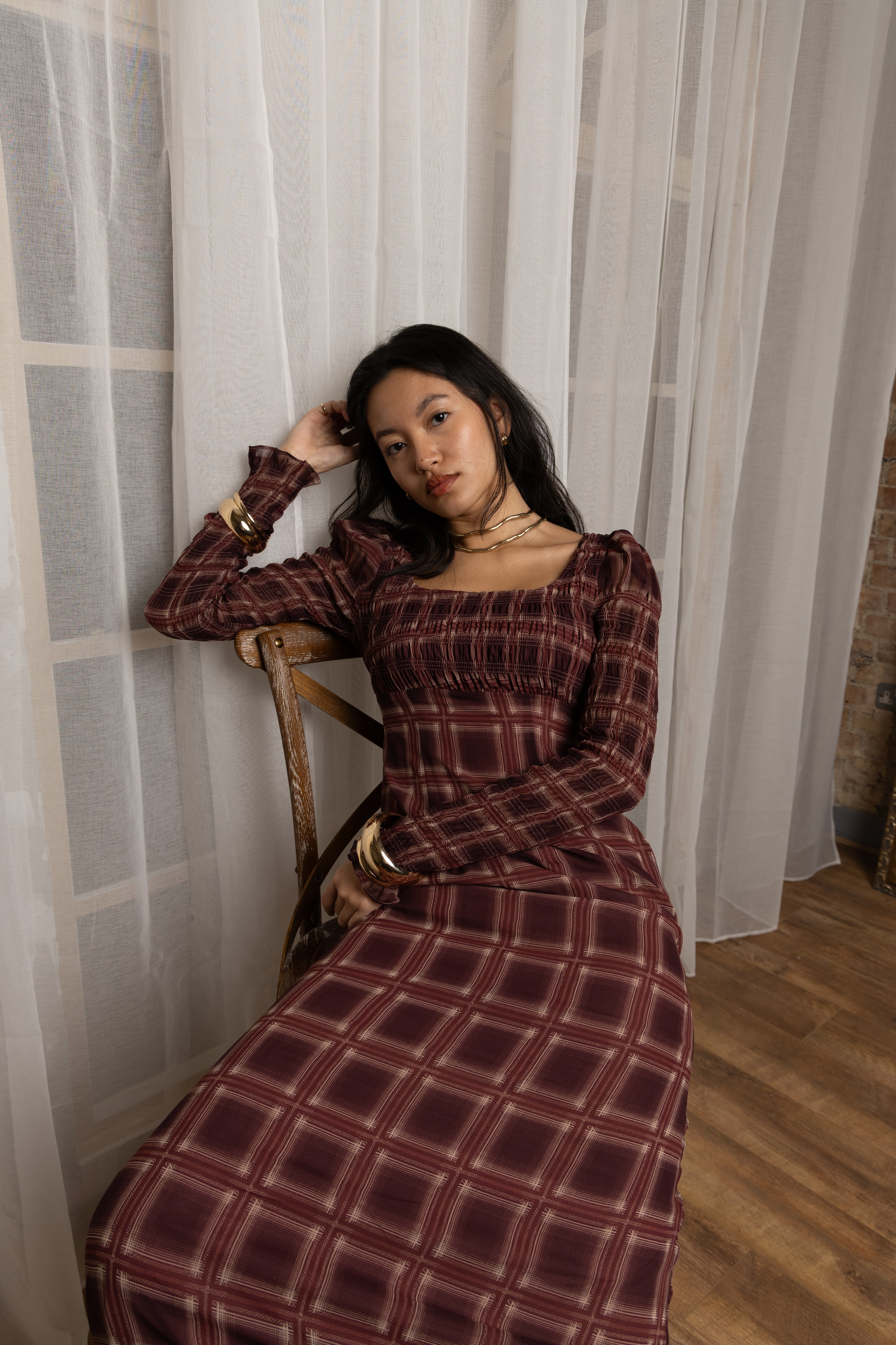 Noor Smocked Checkered Long Sleeve Column Dress