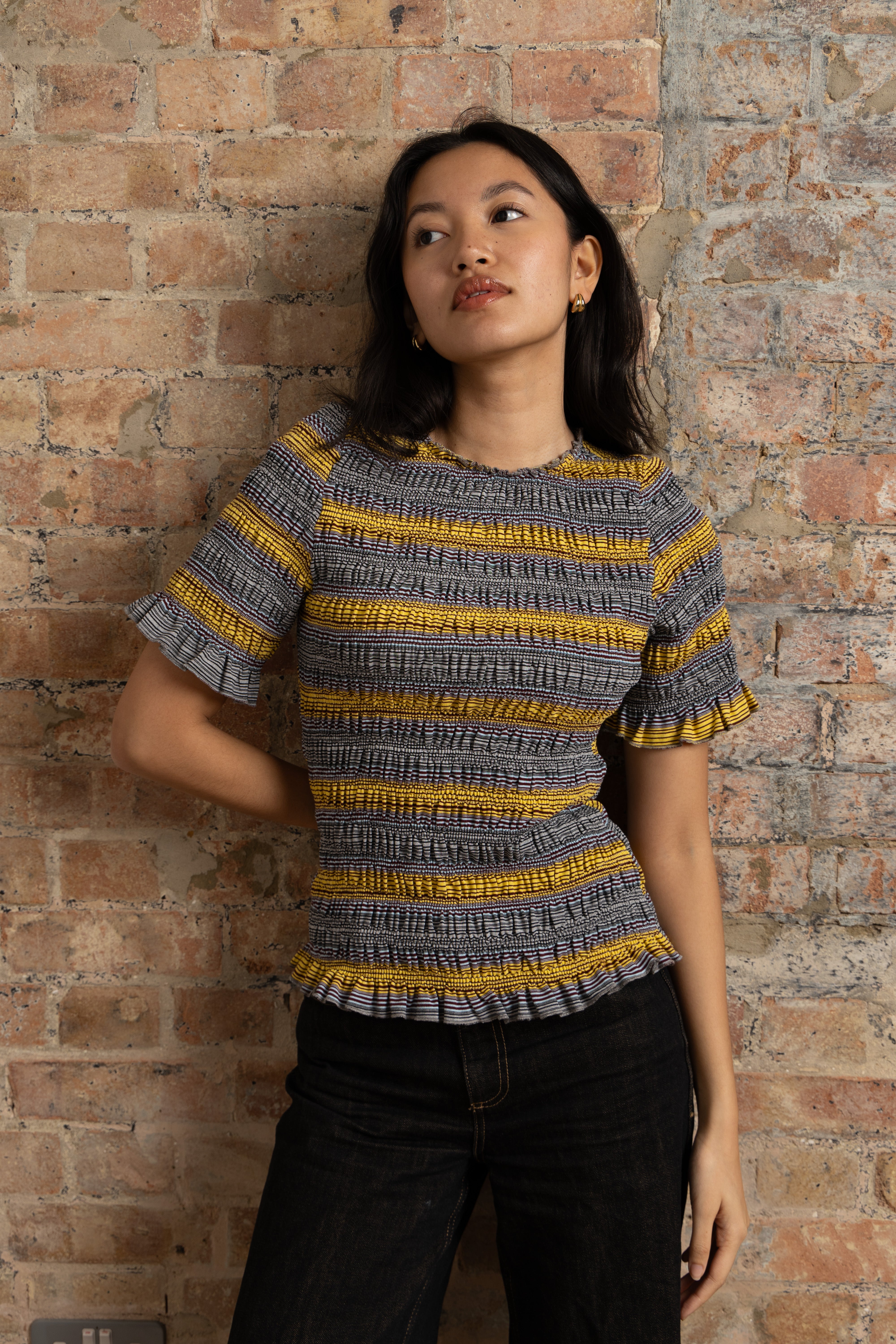 Romy Multi Stripe Smocked Cotton Knitted Top