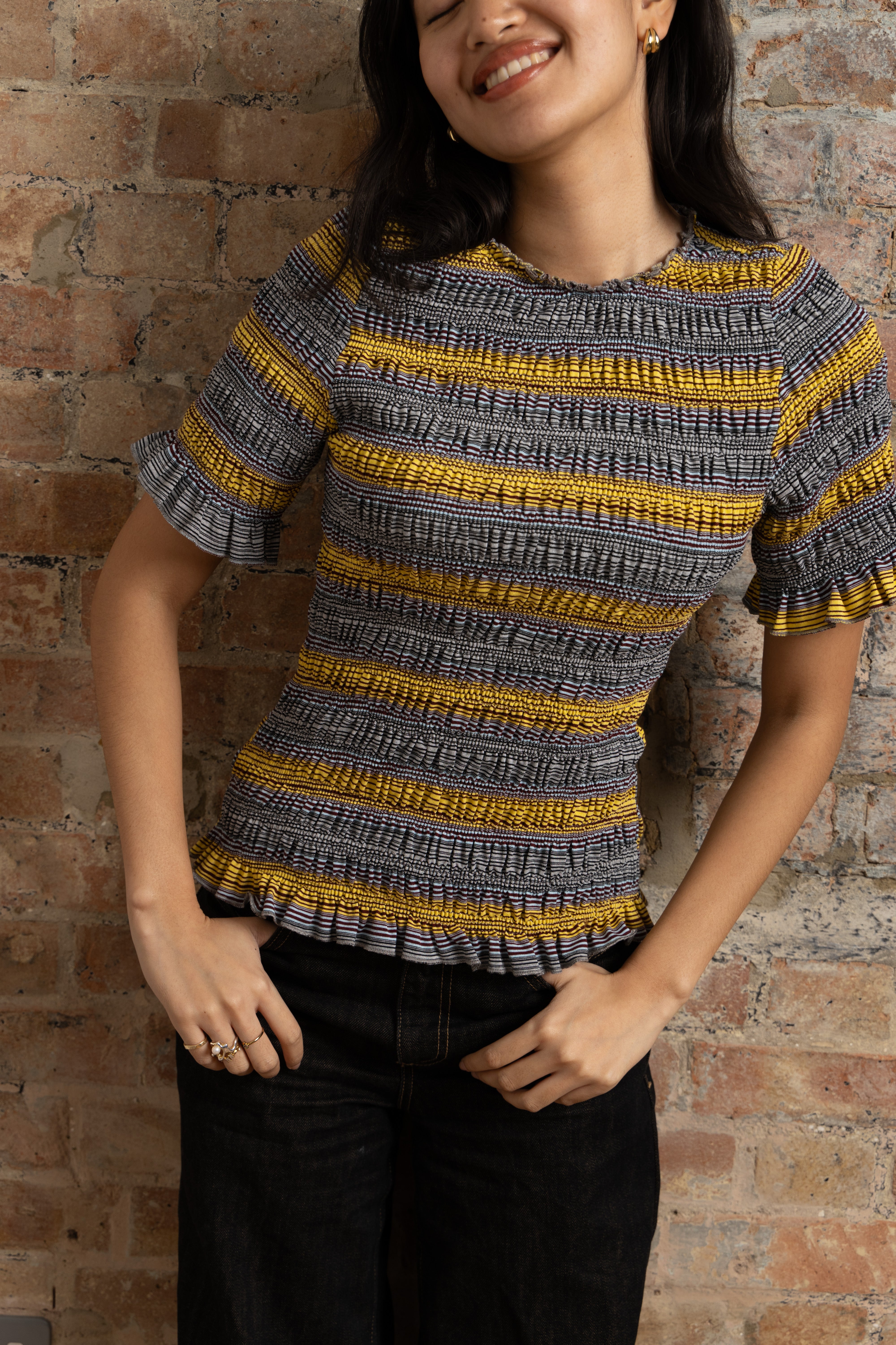 Romy Multi Stripe Smocked Cotton Knitted Top