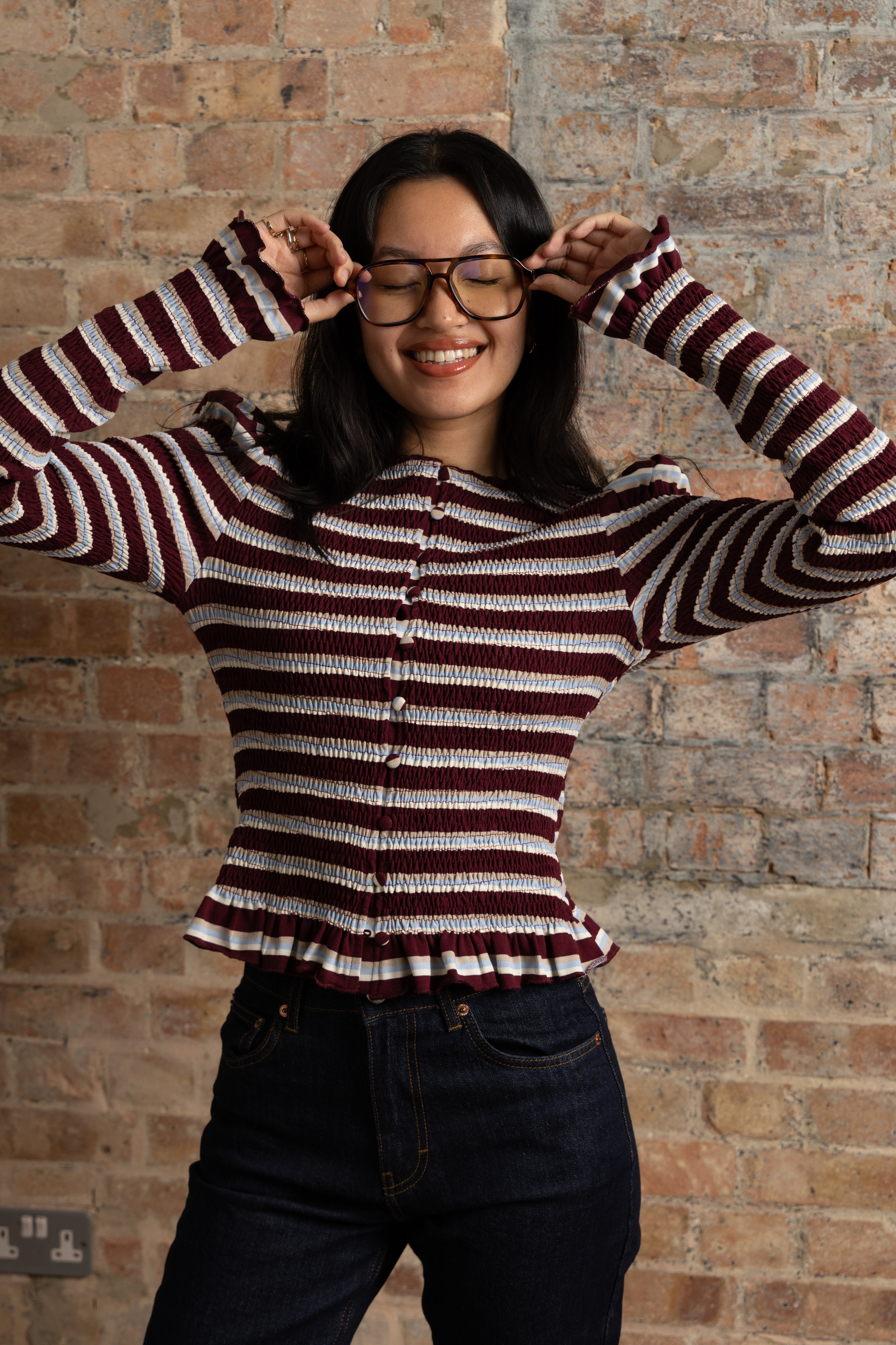 Agyness Smocked Viscose Cotton Jersey Knitted Stripe Cardigan