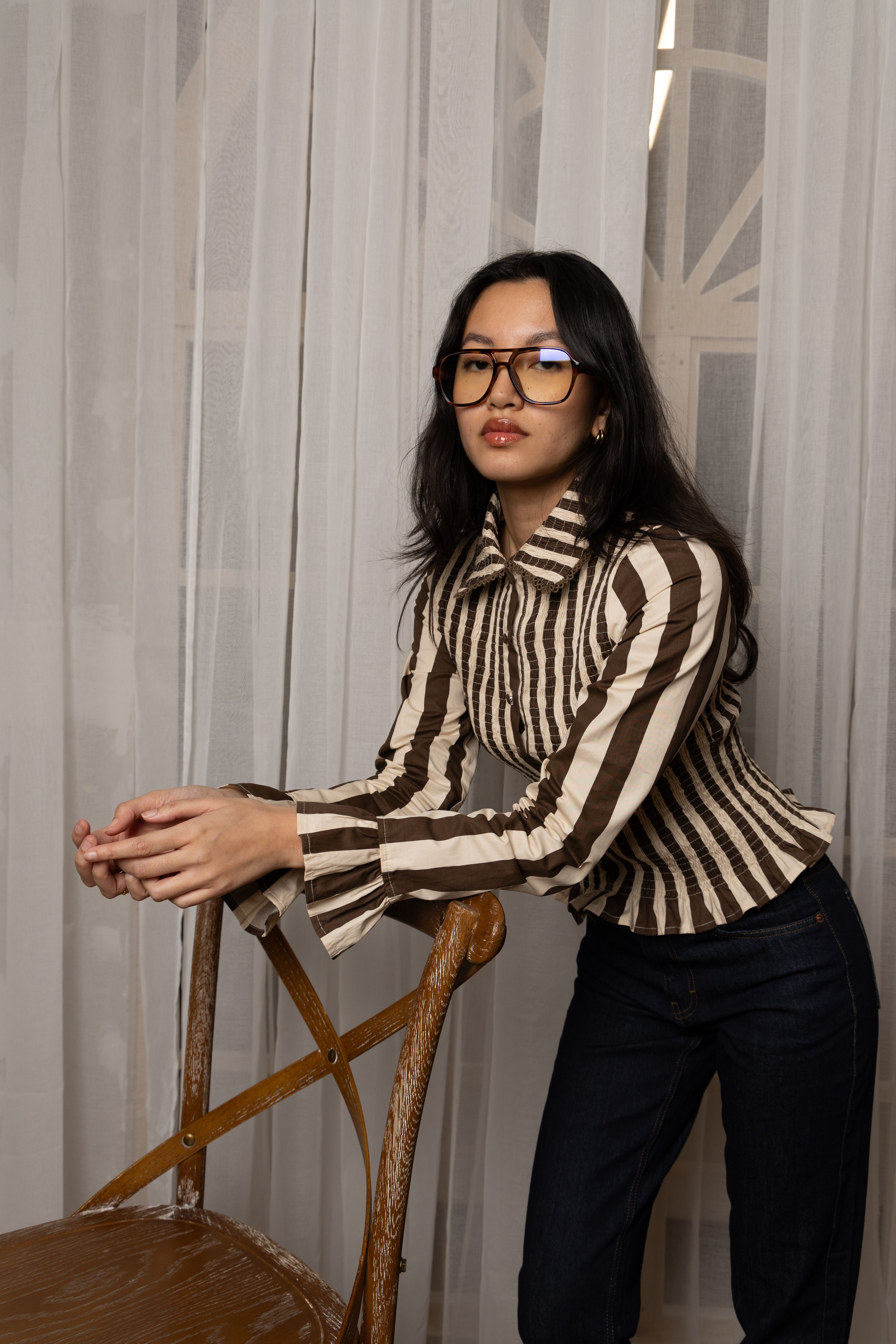 Yasmine Cotton Brown Stripe Smocked Shirt