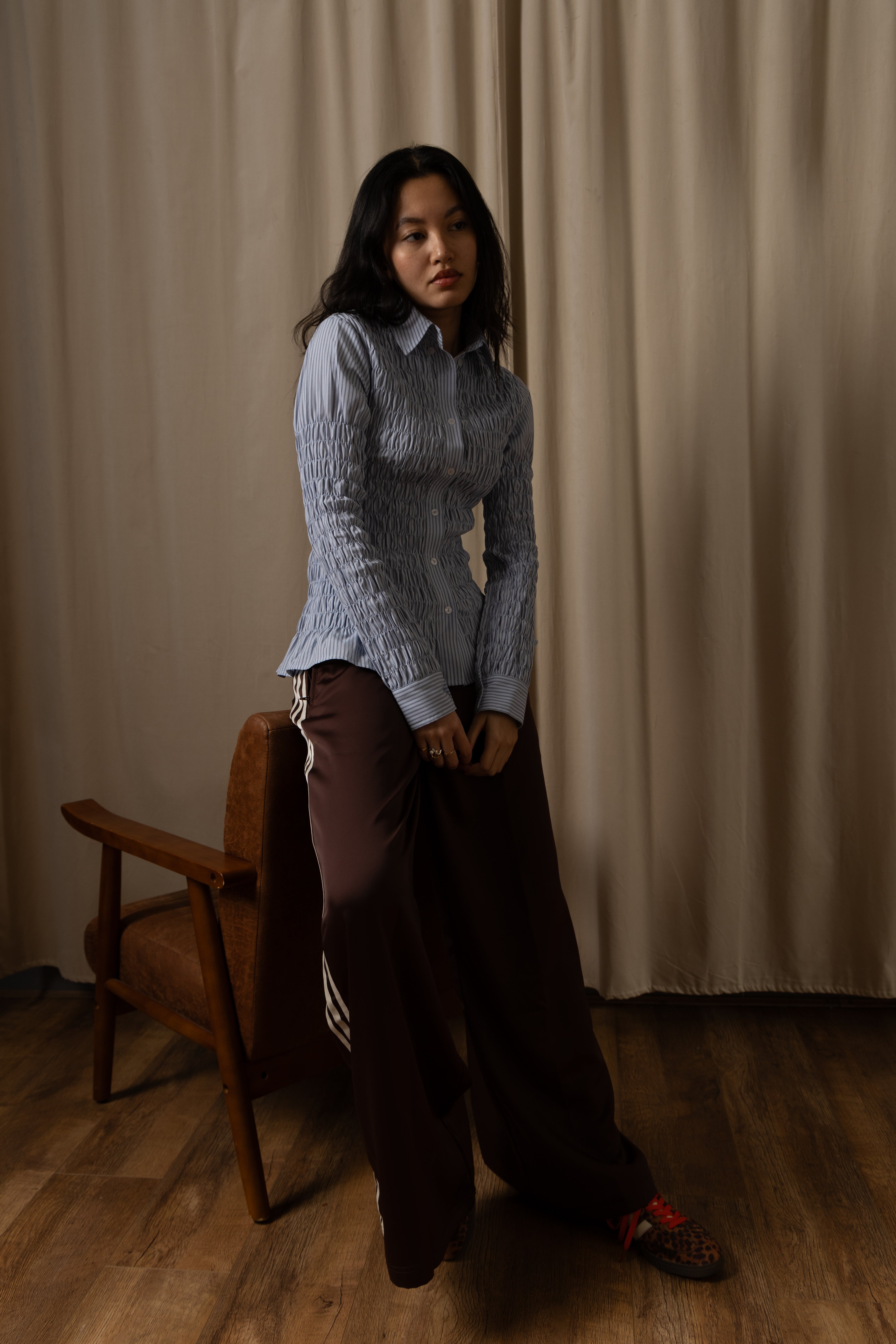 Olivia Smocked Cotton Shirt in Blue Stripe