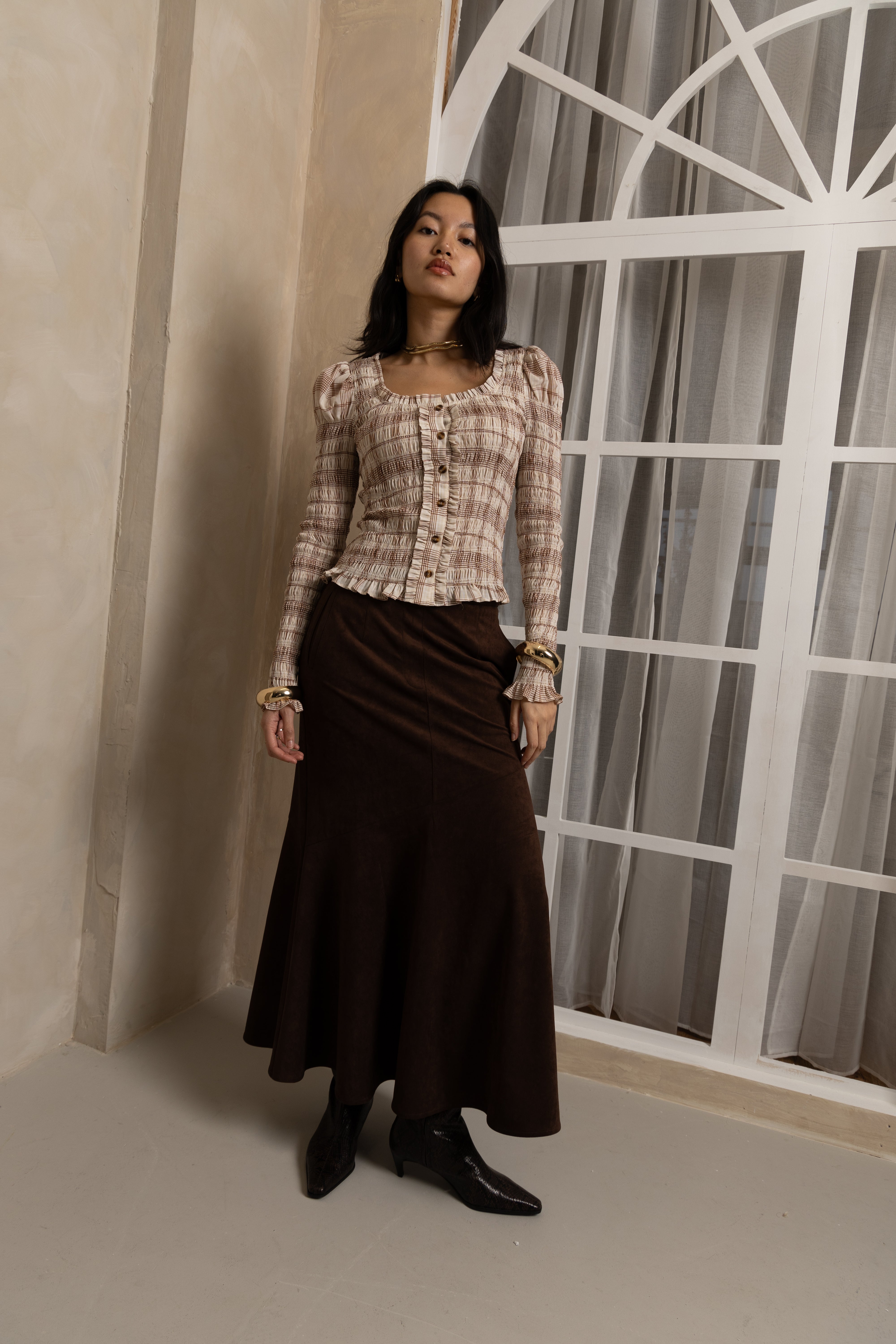 Suki Faux Suede Chiffon Asymmetric Maxi Skirt