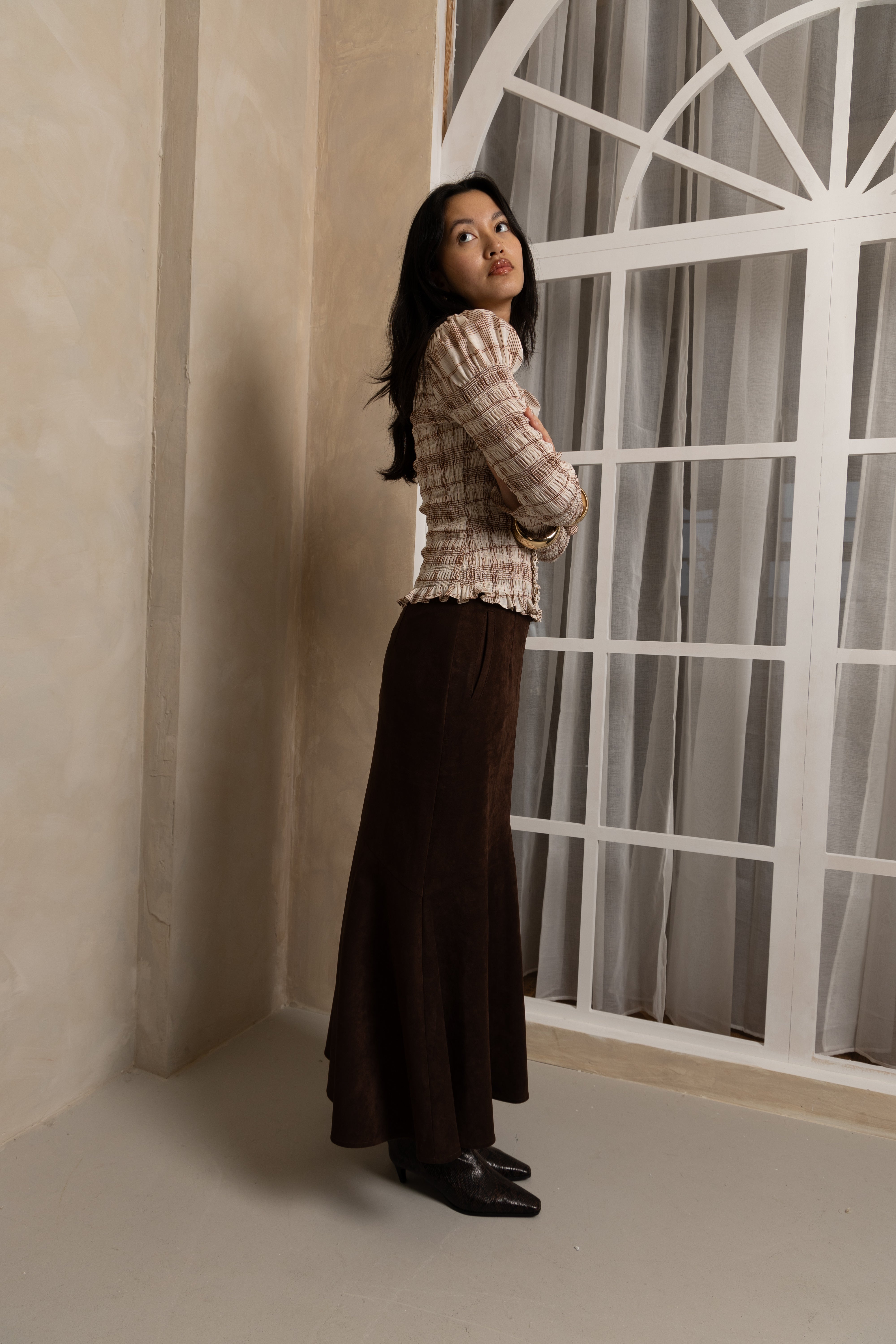 Suki Faux Suede Chiffon Asymmetric Maxi Skirt