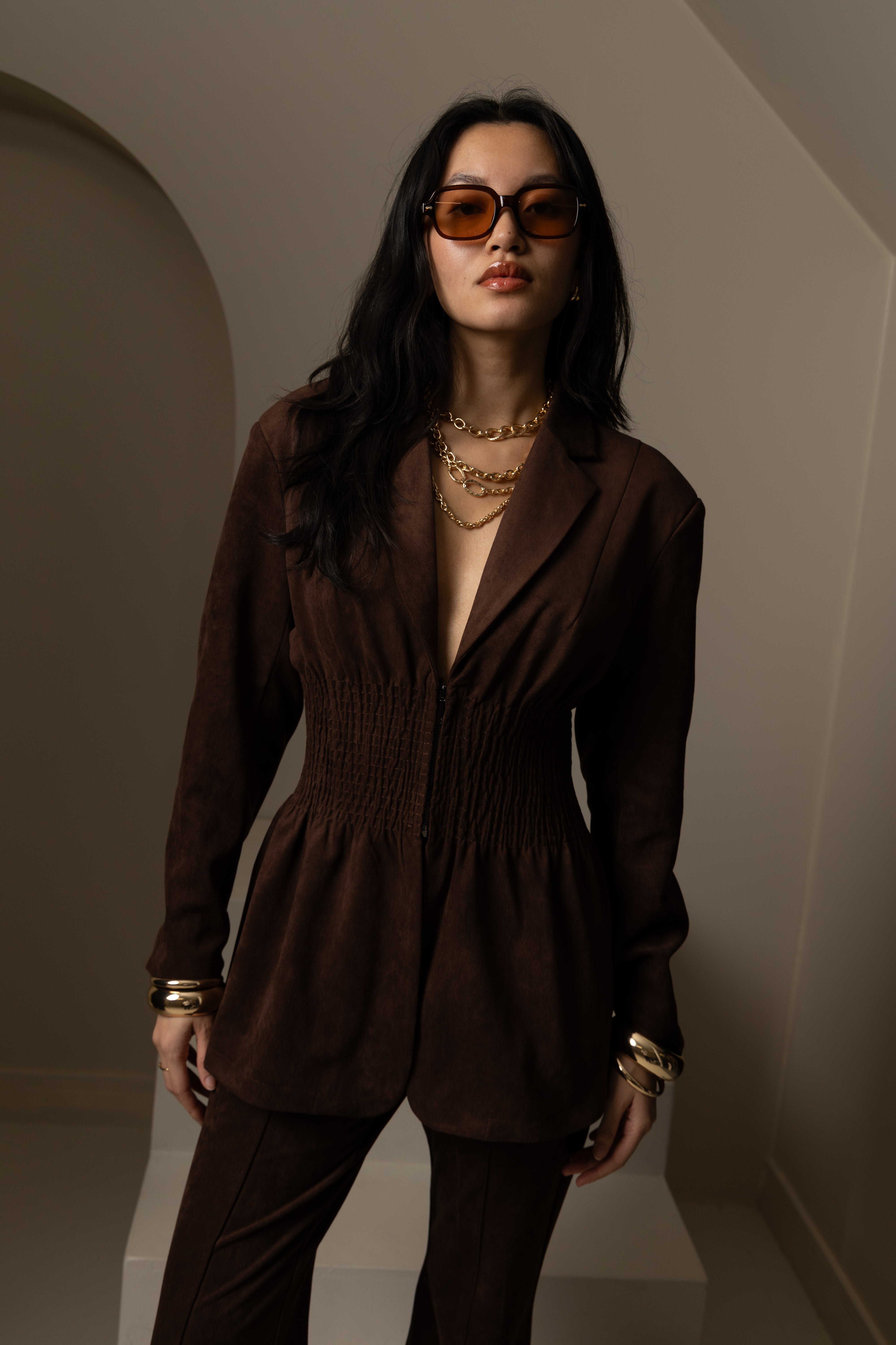 Rina Faux Suede Boxy Blazer Jacket with Smocked Waist