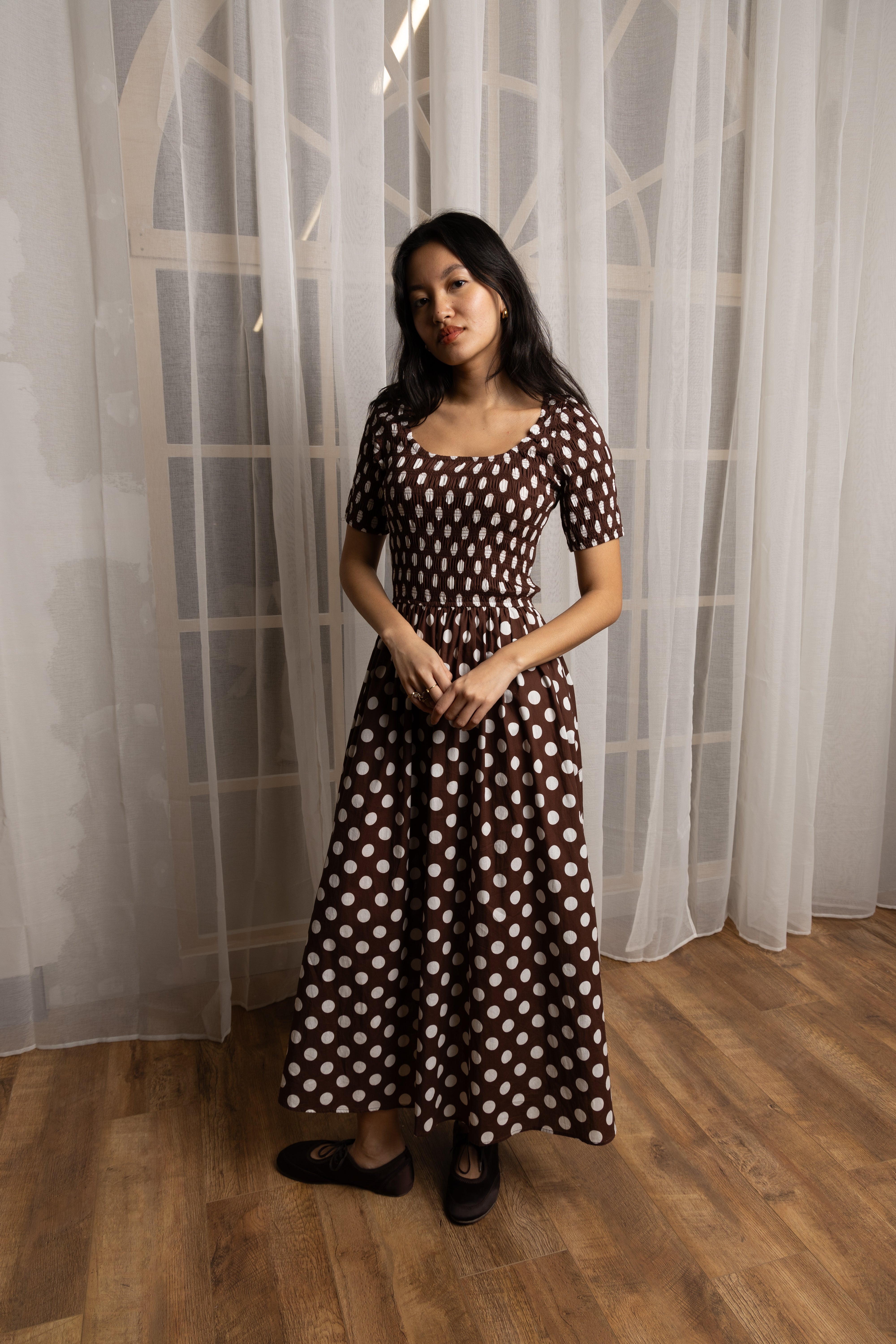 Matilda Pure Cotton Brown Polka Dot Midi Dress