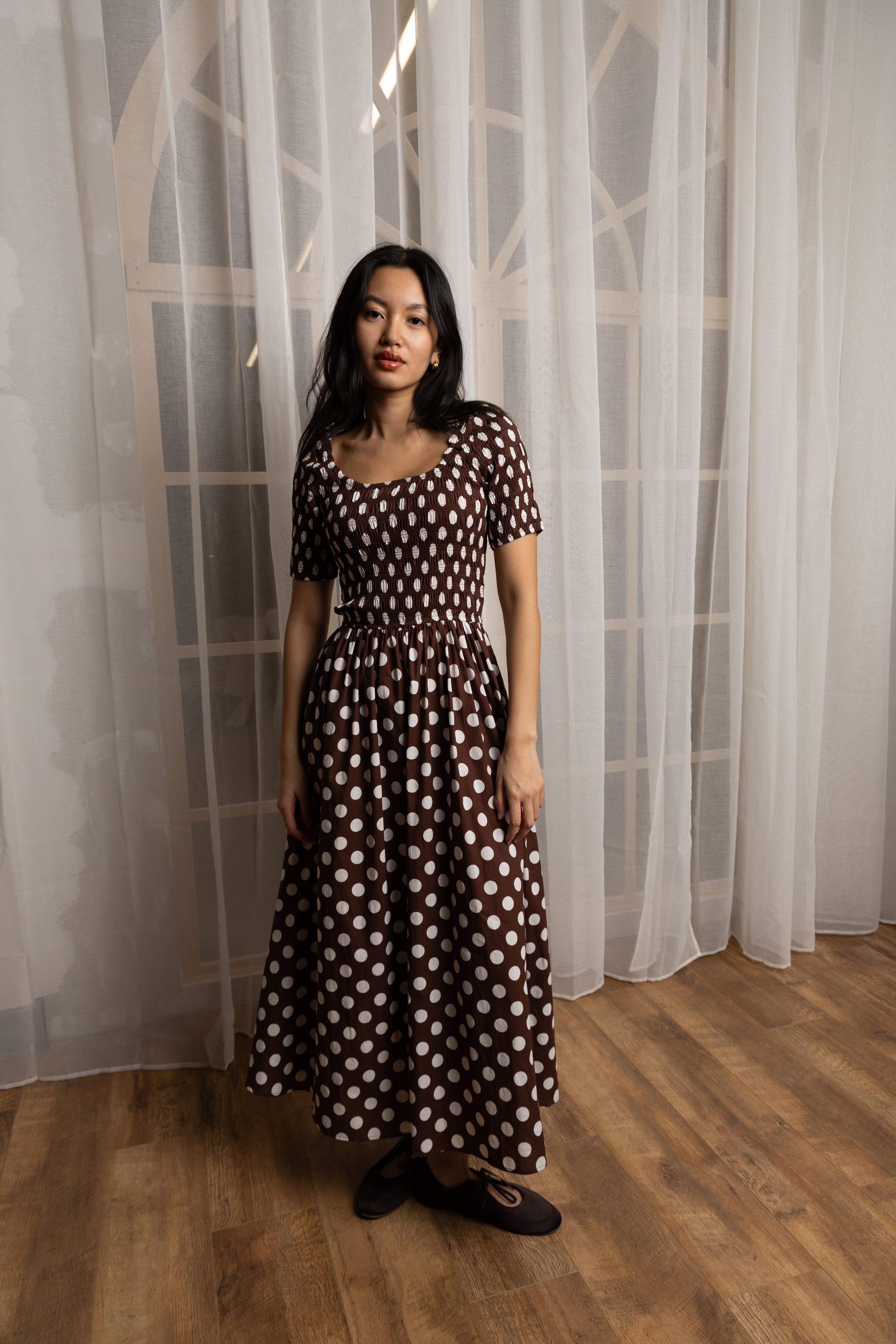 Matilda Pure Cotton Brown Polka Dot Midi Dress