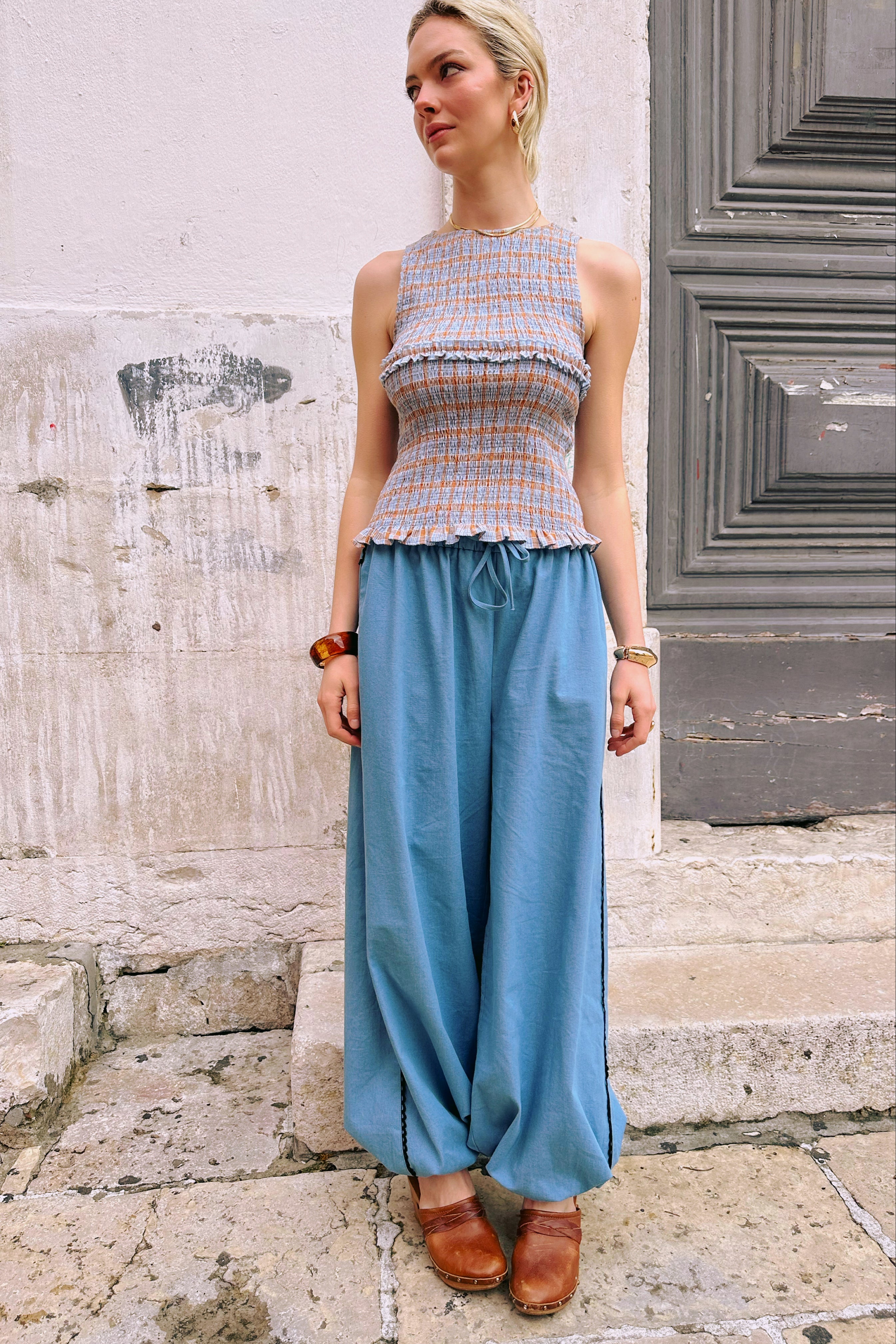 Mona Smocked Top in Blue and Orange Check