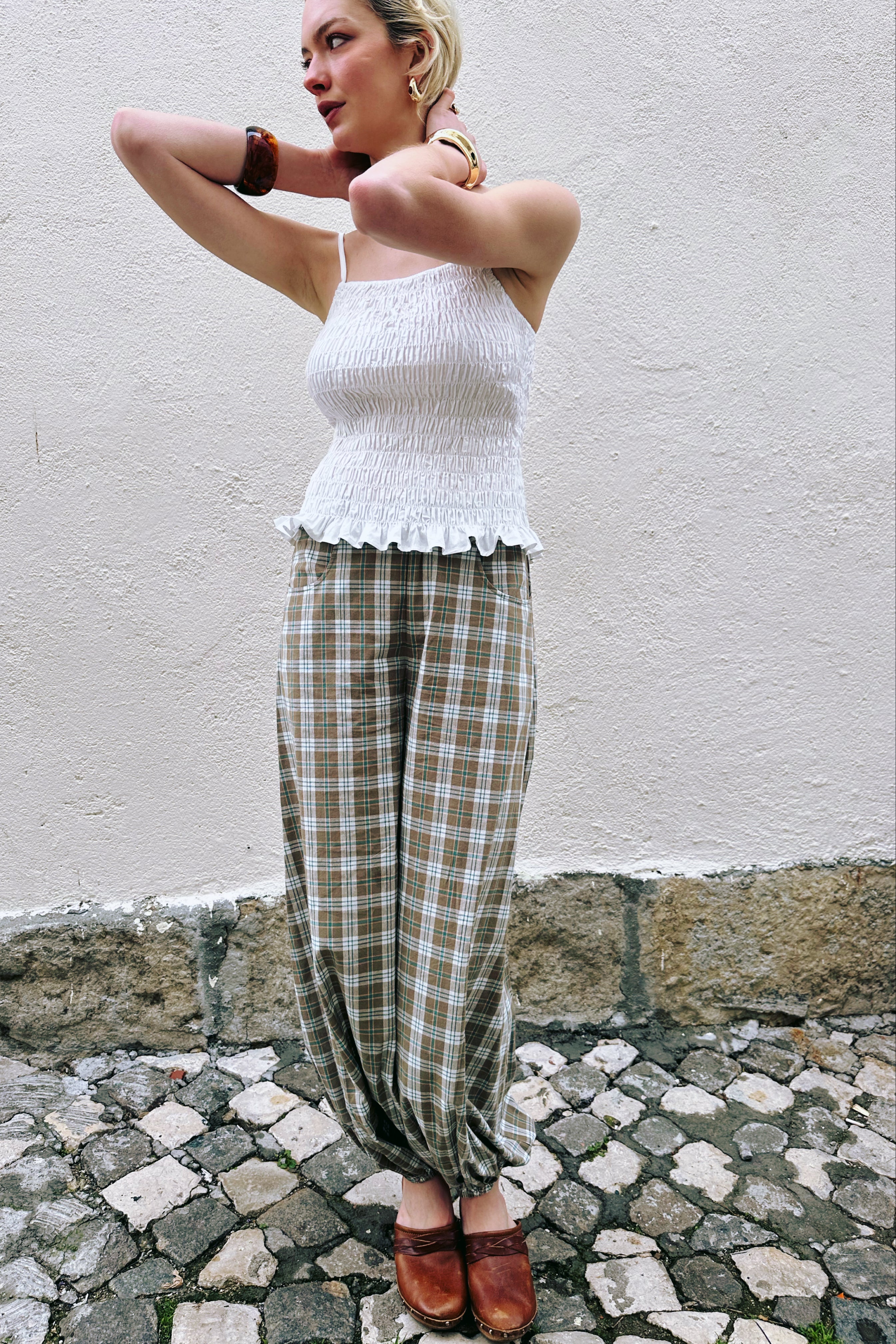 Esme Green Check Cotton Balloon Trousers