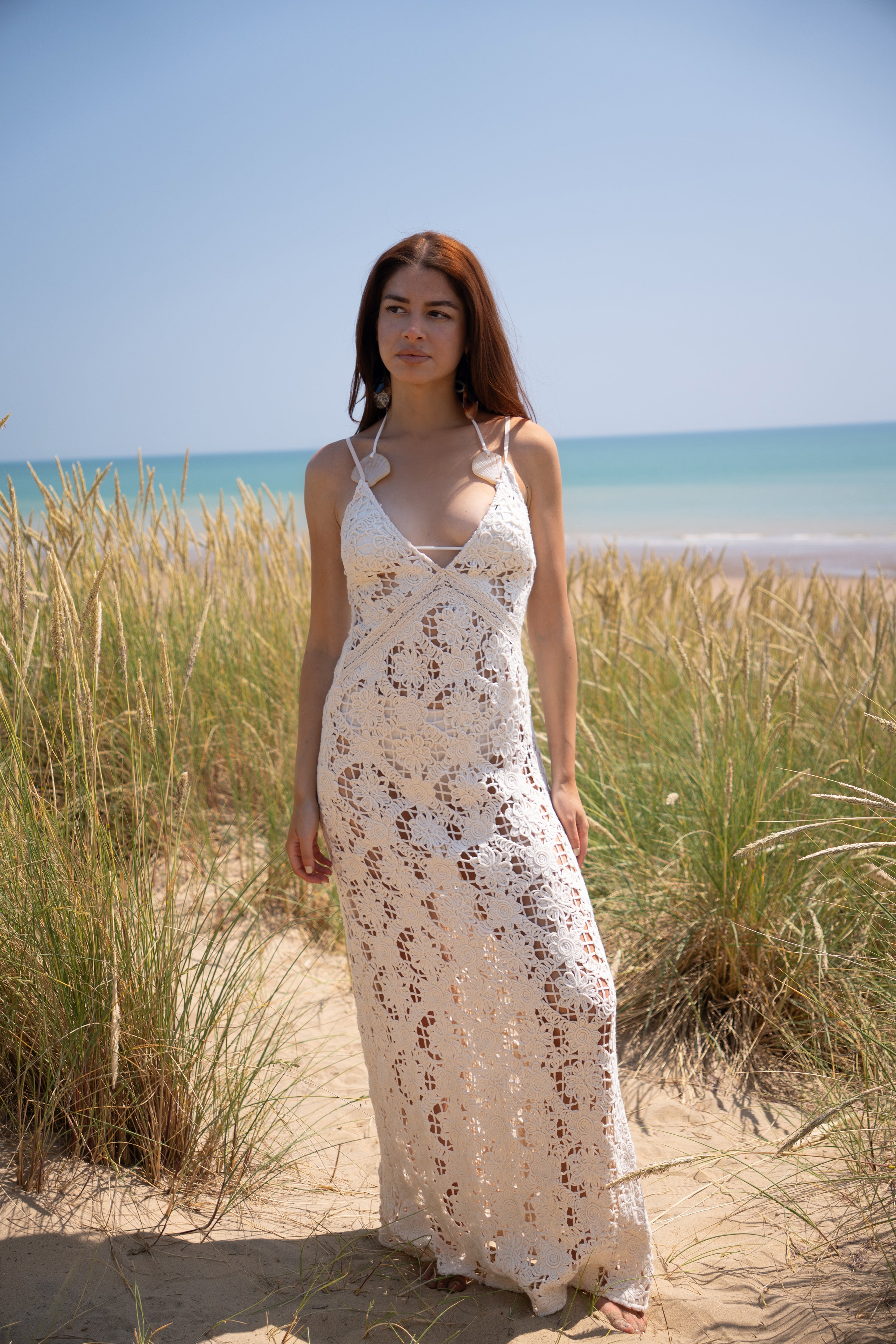 Sylvia Pure Cotton Beige Crochet Maxi Dress