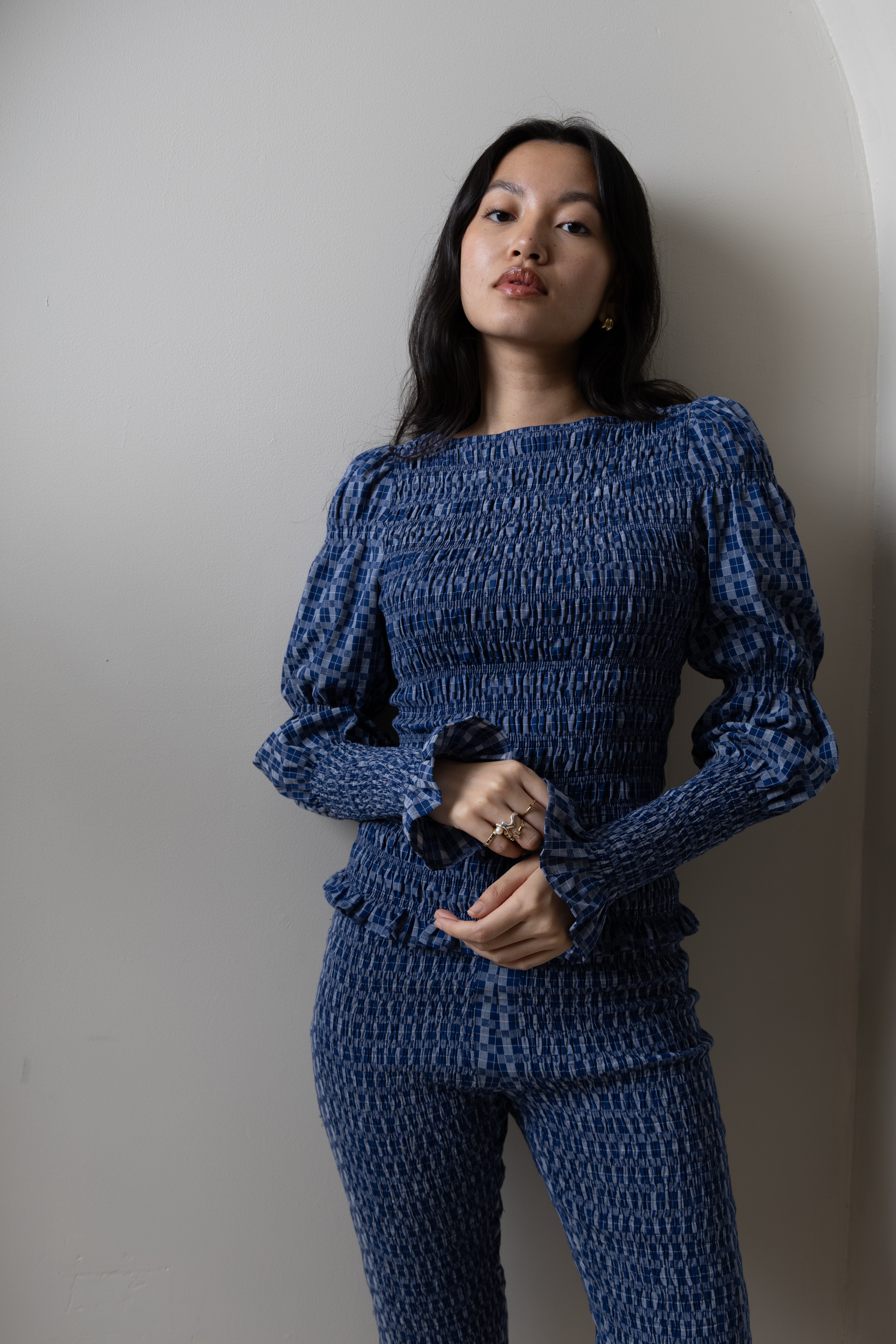 Iris Indigo Checkerboard Cotton Smocked Sleeve Top