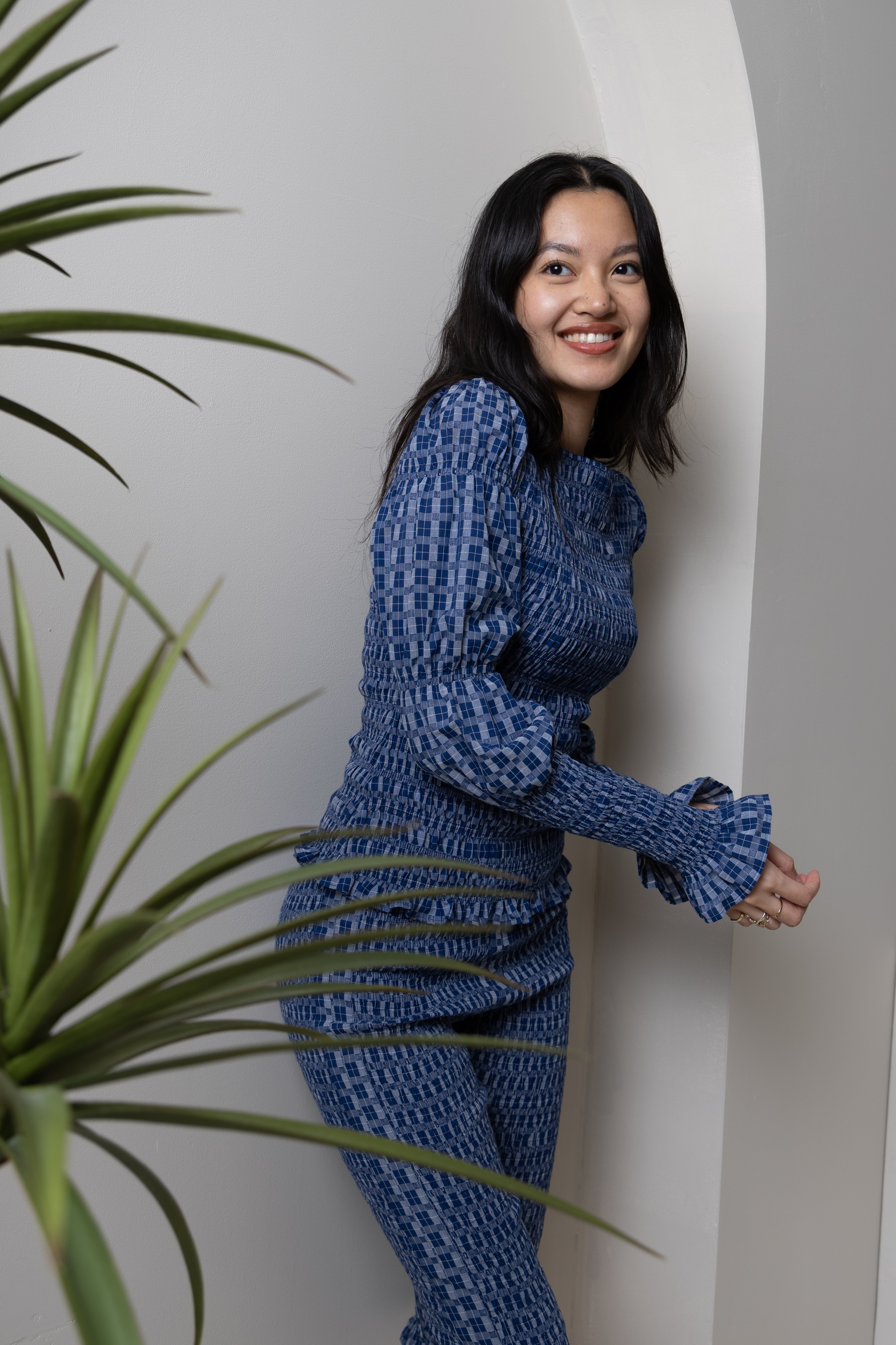 Iris Indigo Checkerboard Cotton Smocked Sleeve Top