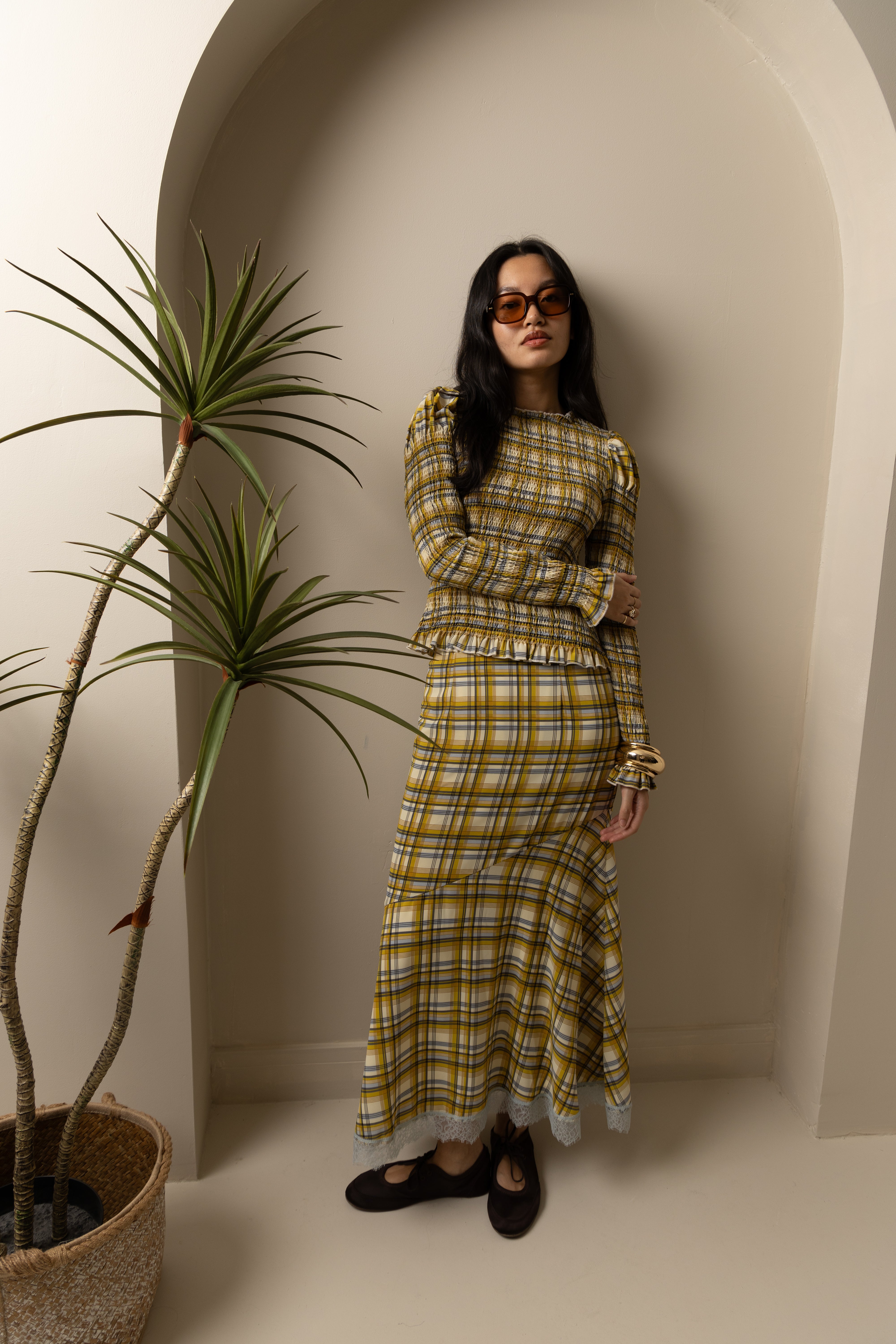 Sunnie Yellow Plaid Asymetric Lace Trim Skirt