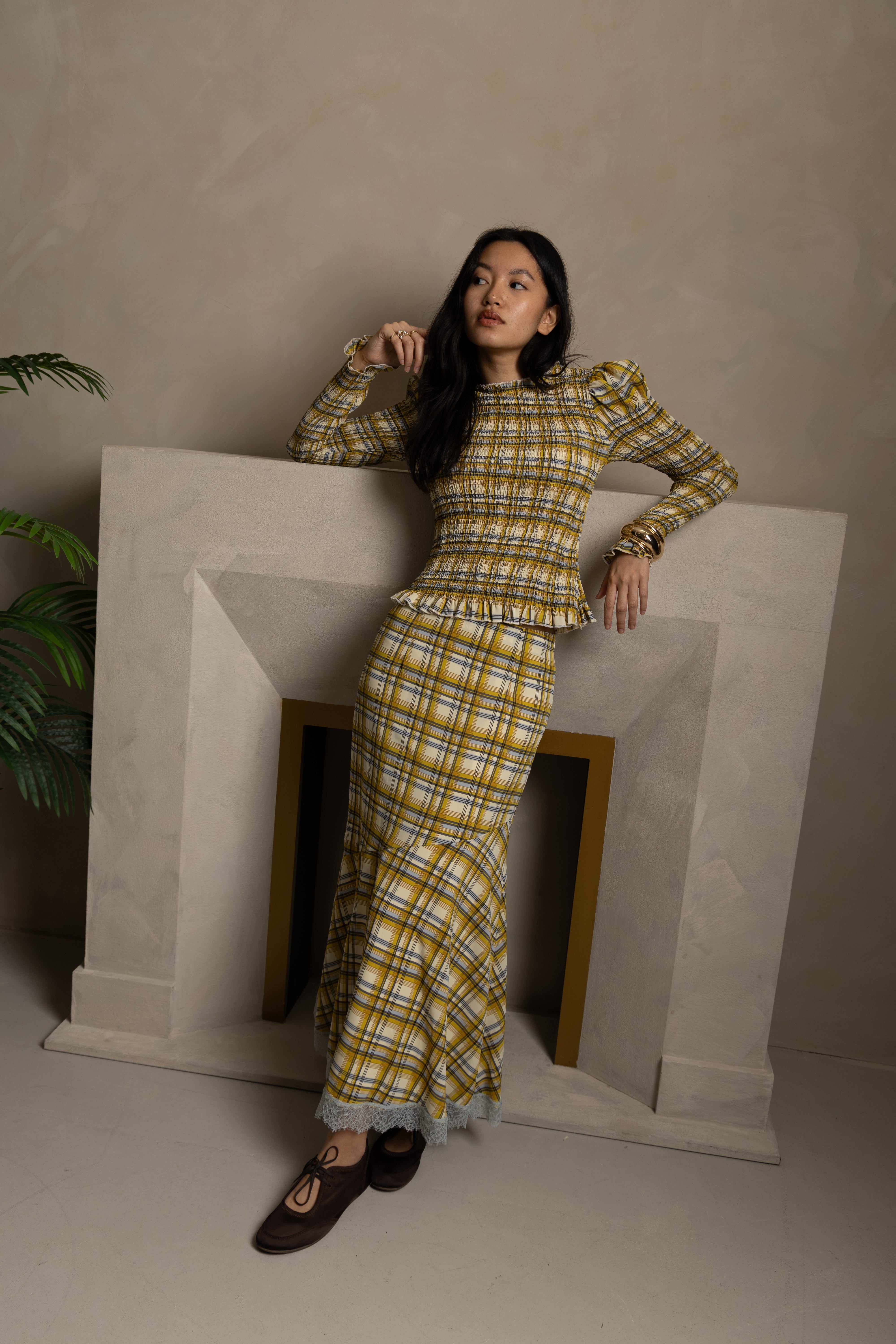 Sunnie Yellow Plaid Asymetric Lace Trim Skirt