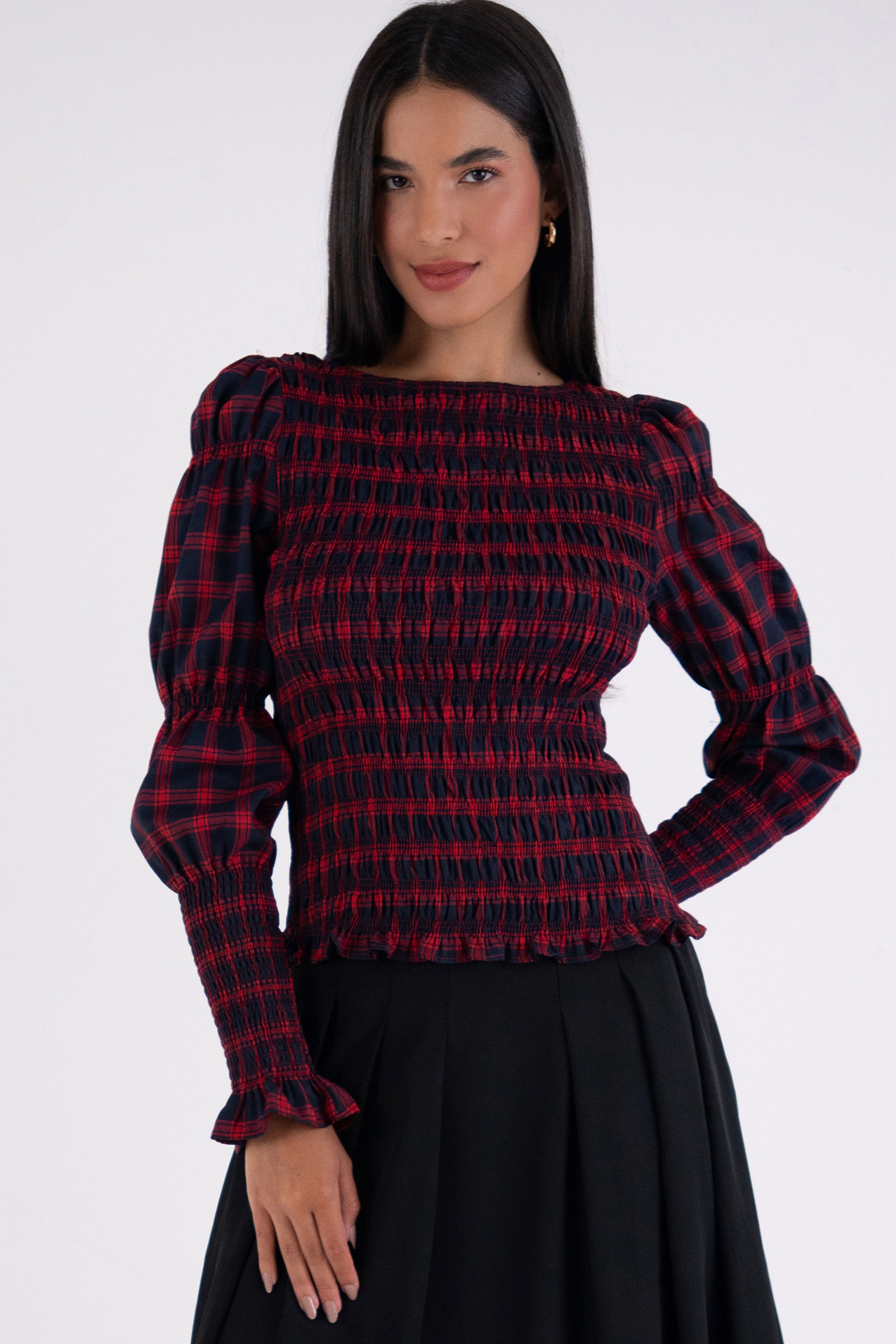Iris Pure Cotton Red Plaid Smocked Top