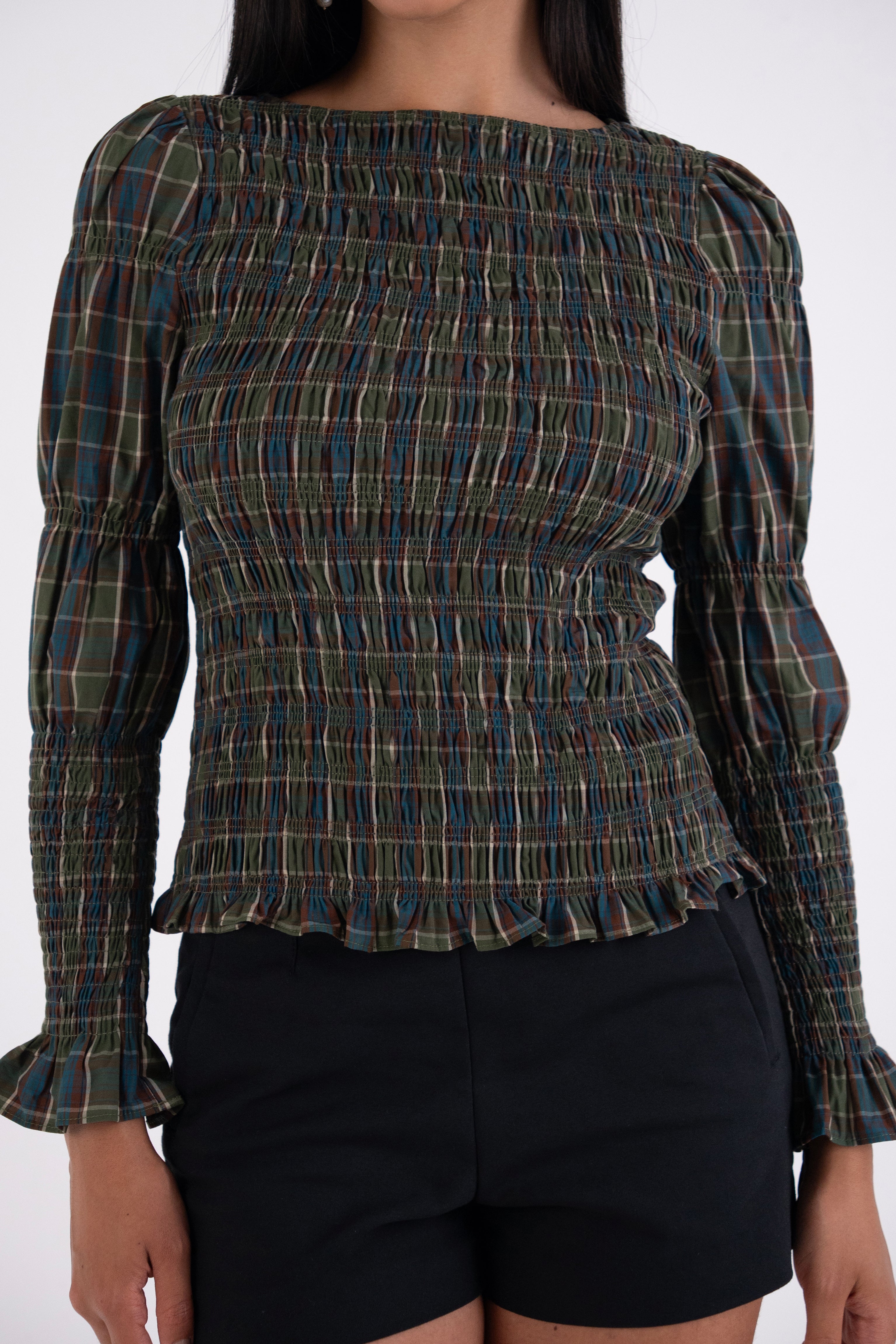 Iris Pure Cotton Green Plaid Smocked Top