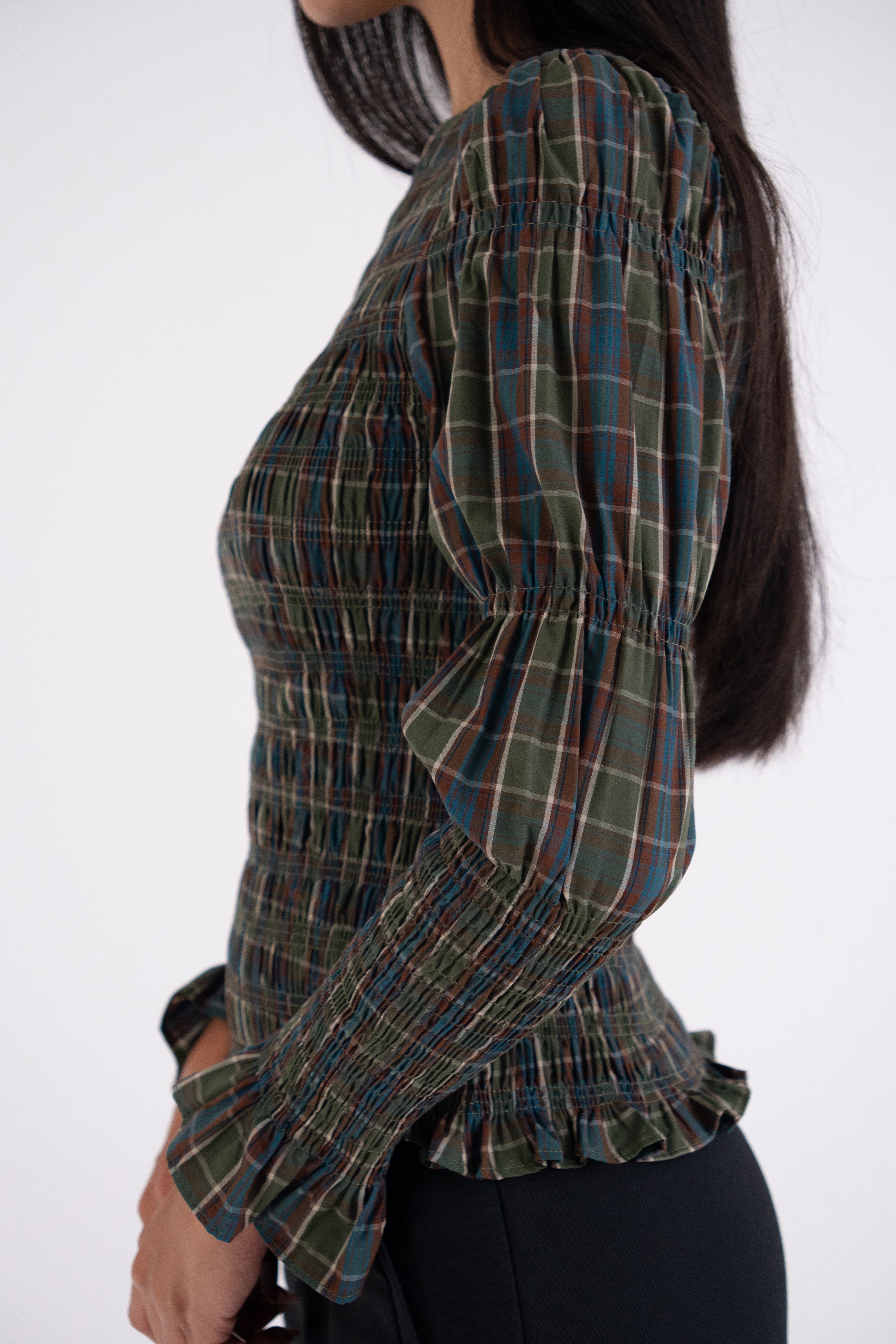 Iris Pure Cotton Green Plaid Smocked Top