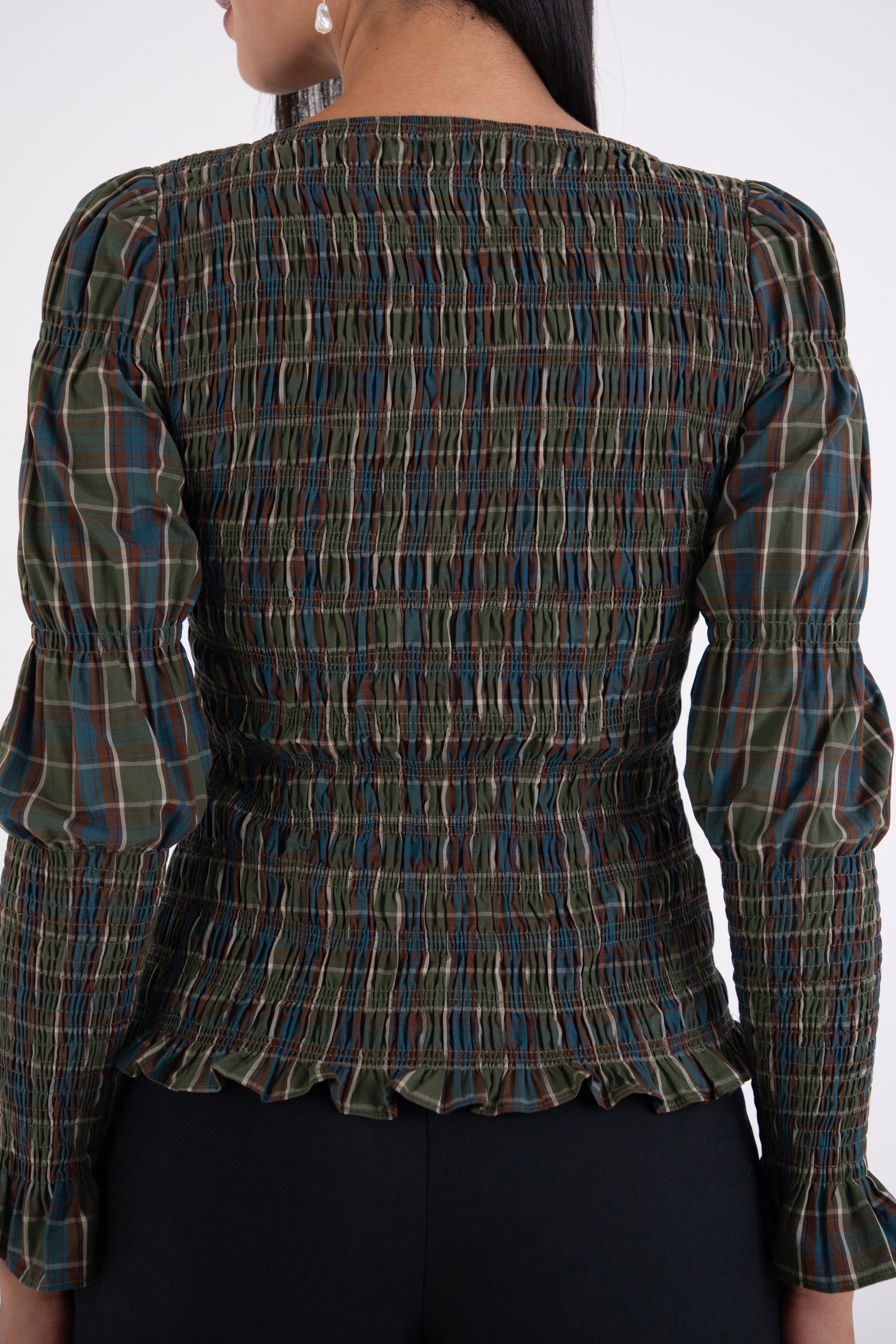 Iris Pure Cotton Green Plaid Smocked Top