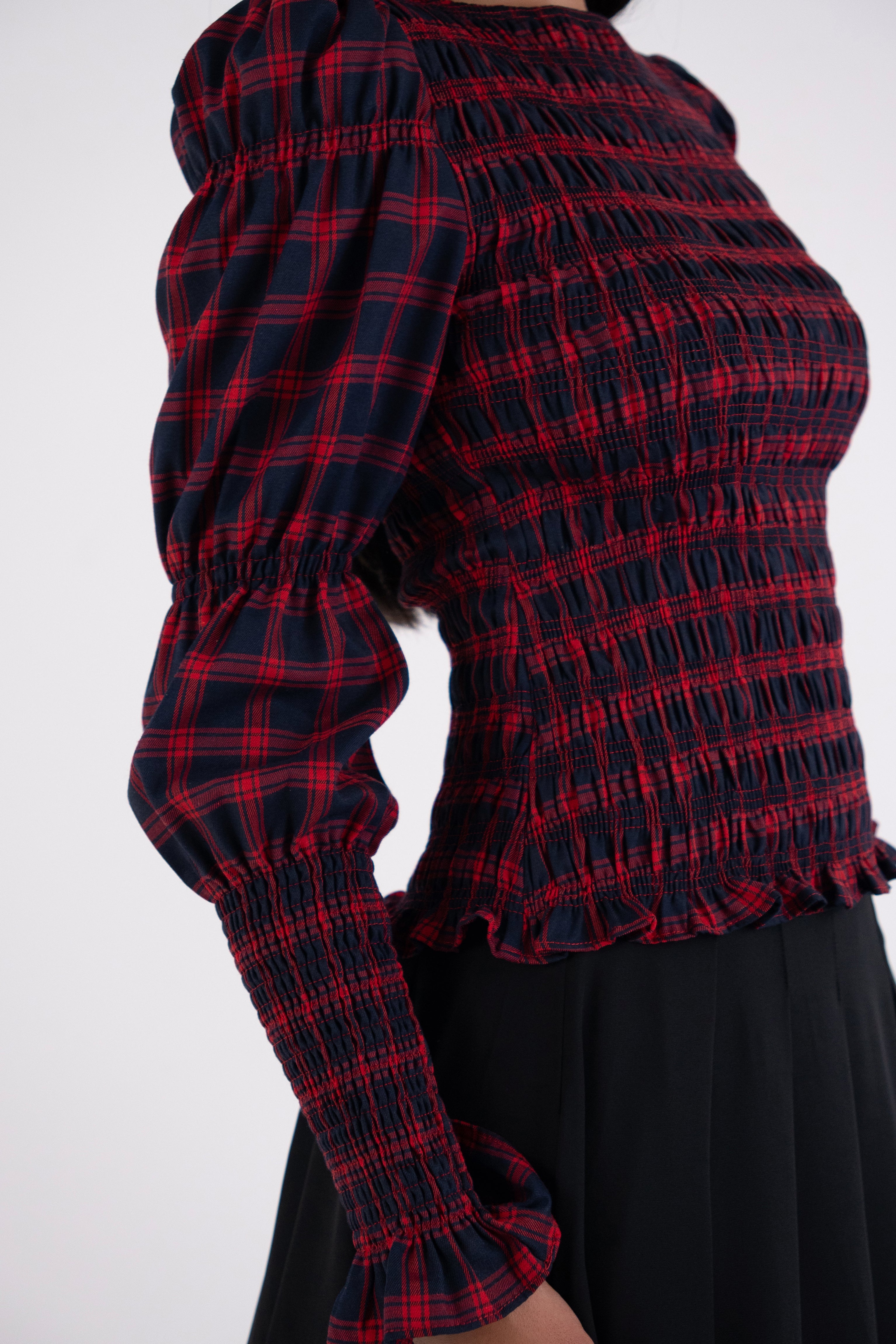 Iris Pure Cotton Red Plaid Smocked Top