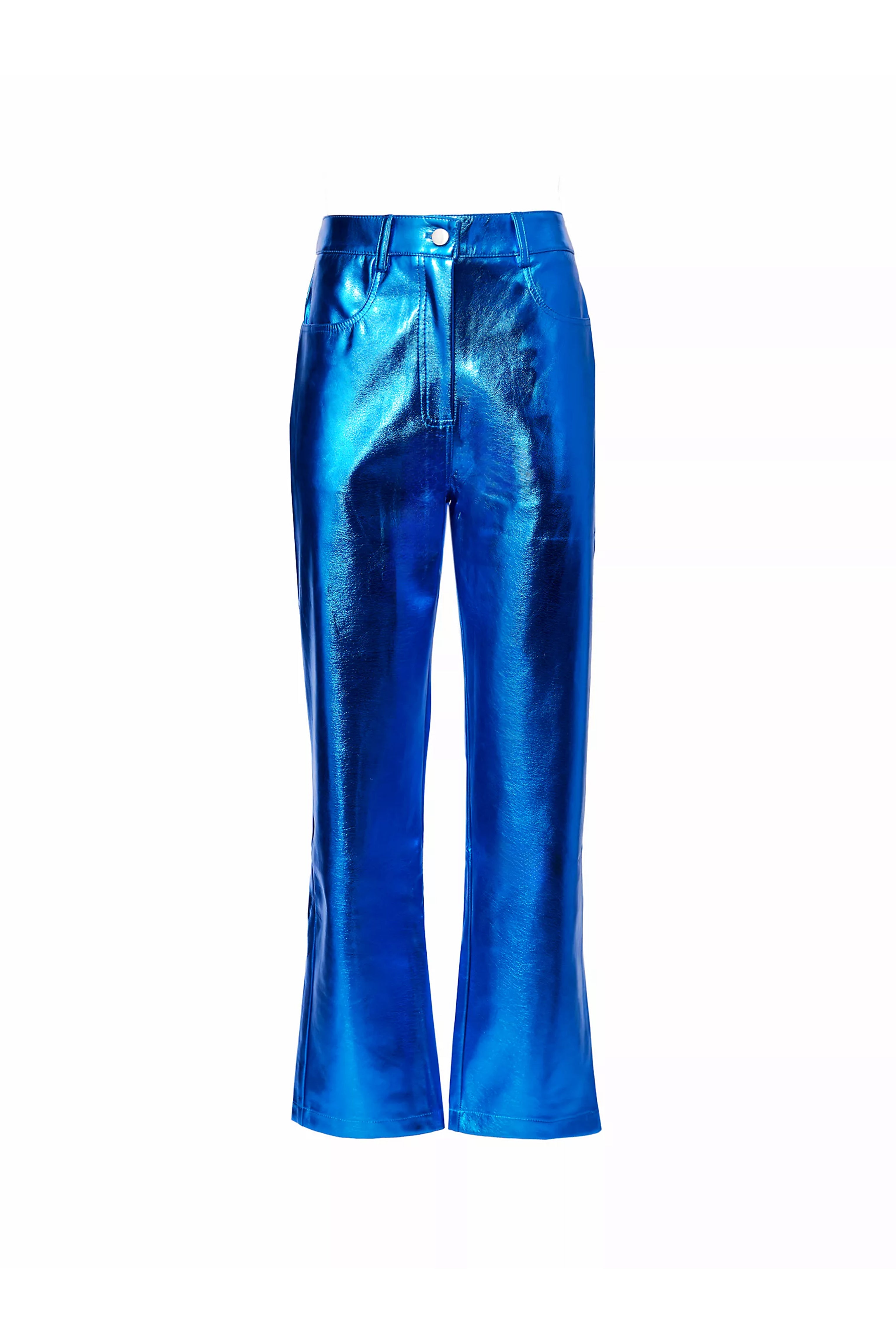 Lupe Cobalt Blue Metallic Straight Leg High Rise Vegan Leather Trousers | AmyLynn