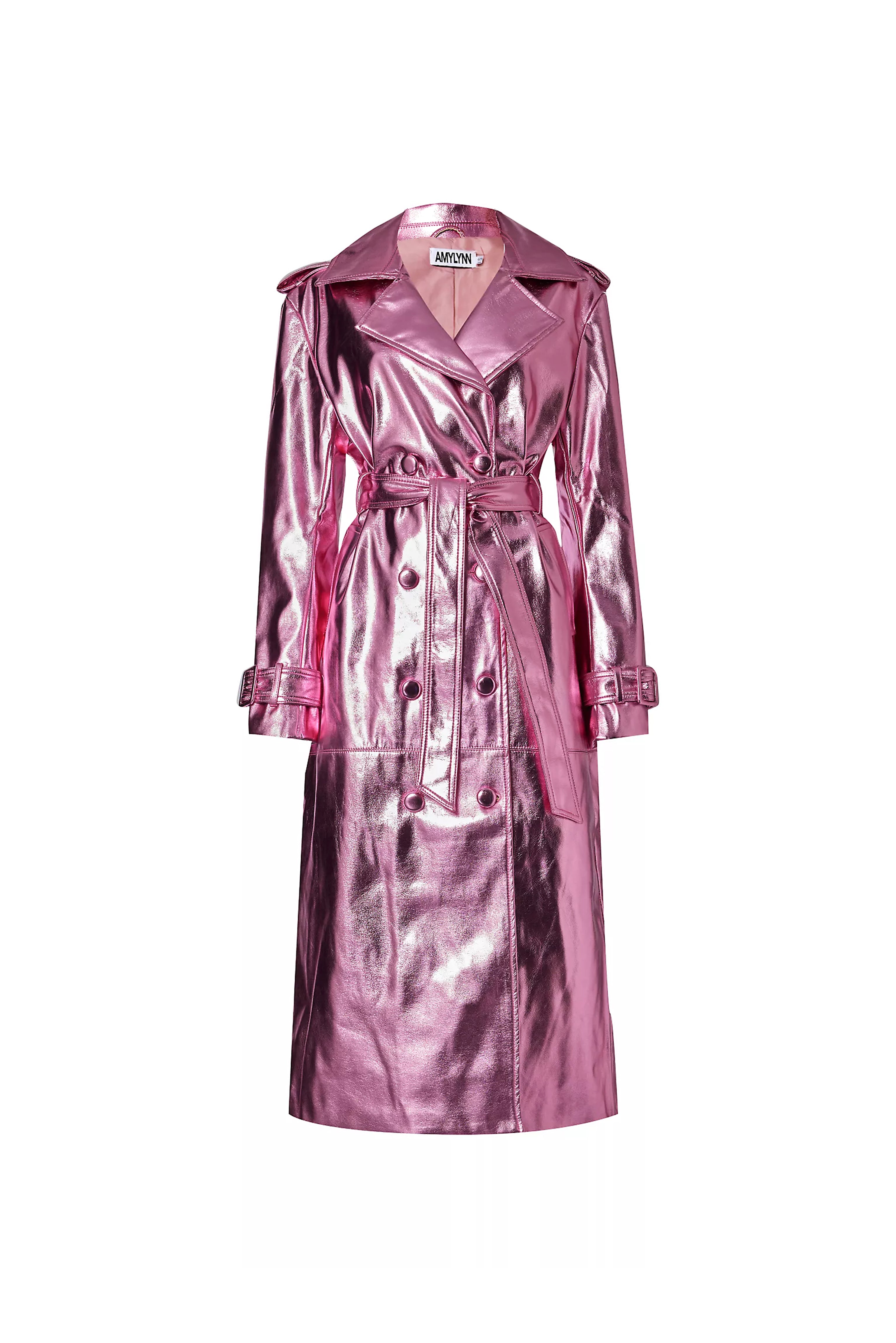Lupe Rose Pink Metallic Vegan Leather Trench Coat | AmyLynn