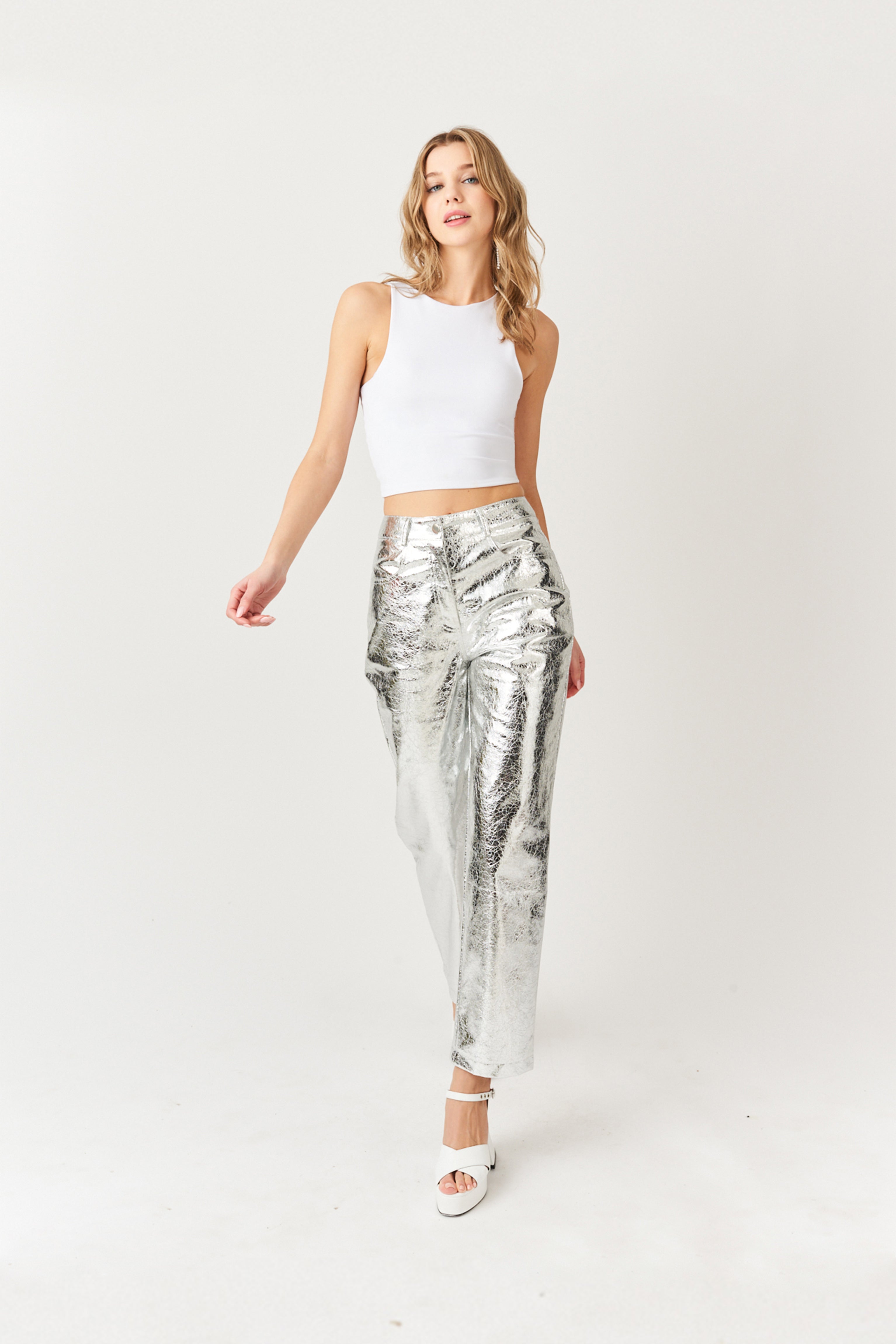 Lupe Shiny Silver Textured Metallic PU High Waisted Straight Leg Trousers