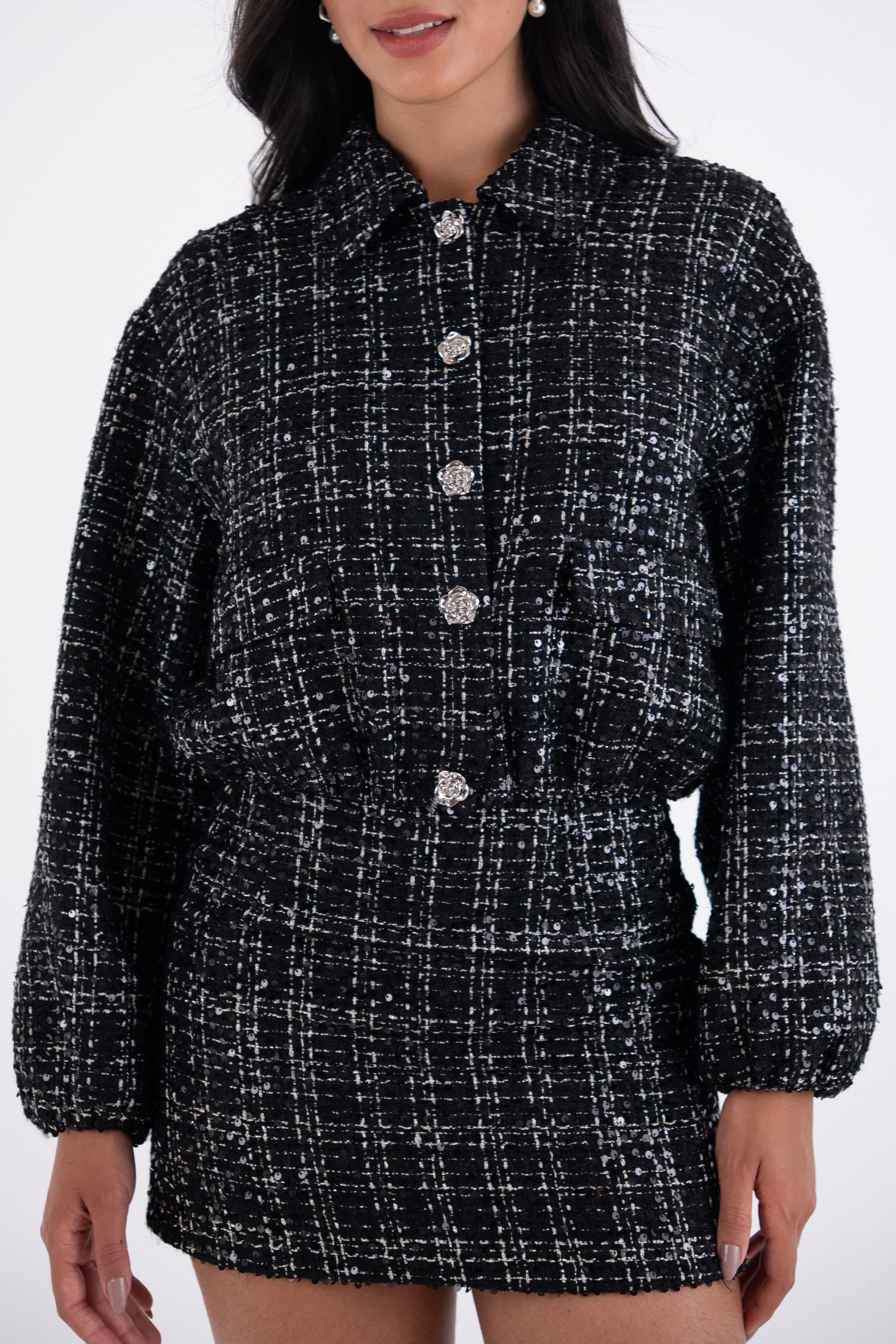 Marnie Black Sequin Boucle Cropped Jacket