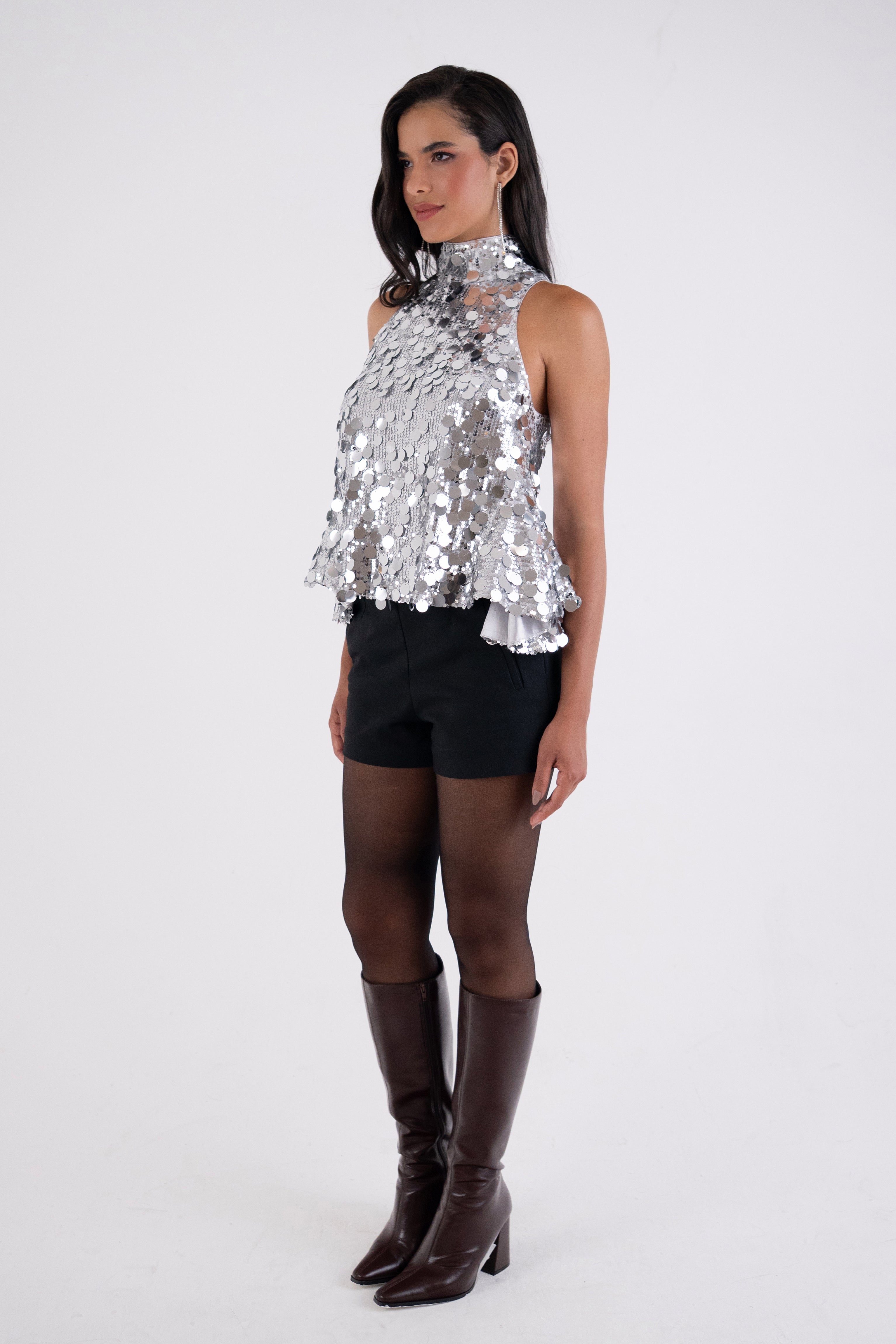 Octavia Silver High Neck Disc Sequin Top