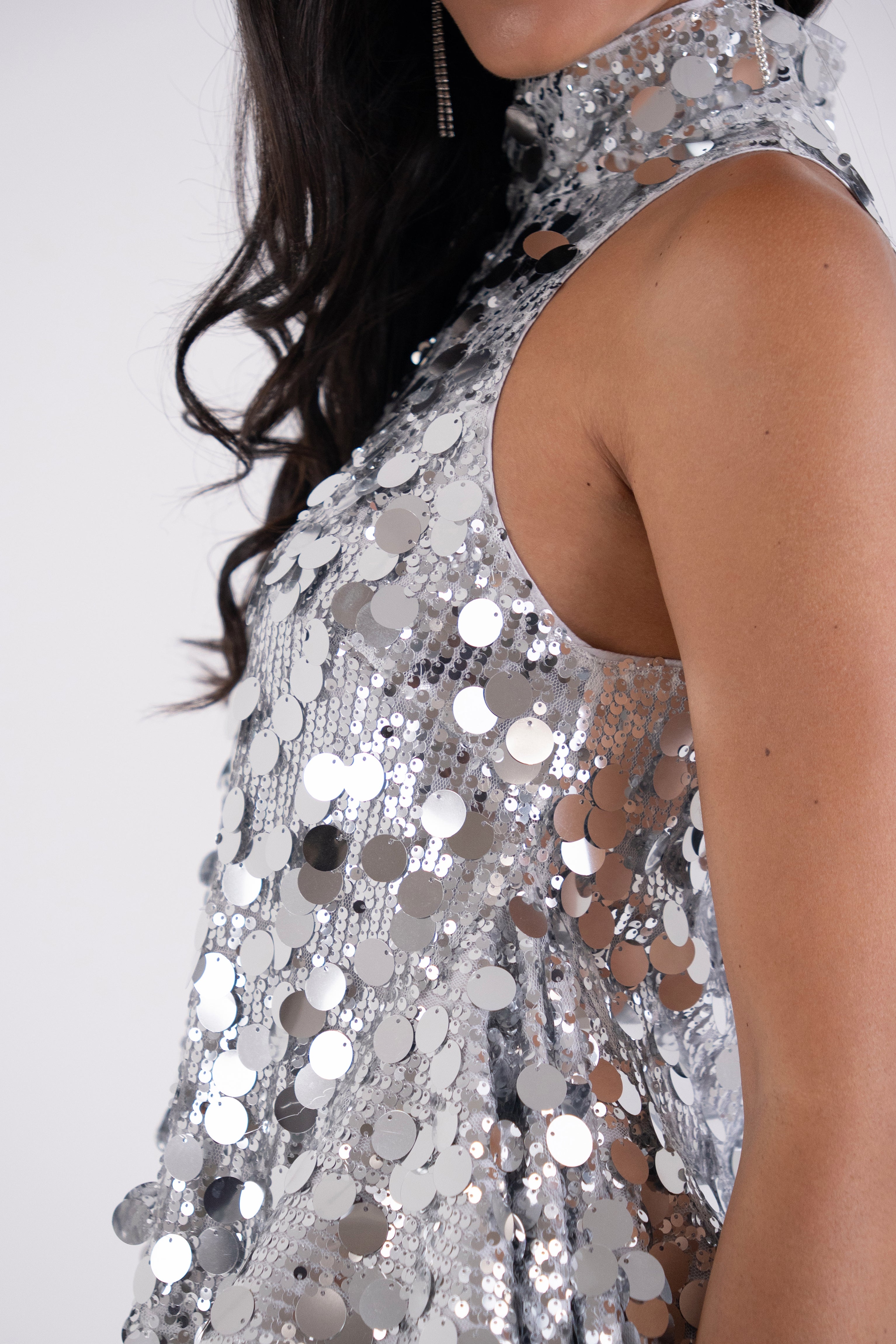 Octavia Silver High Neck Disc Sequin Top
