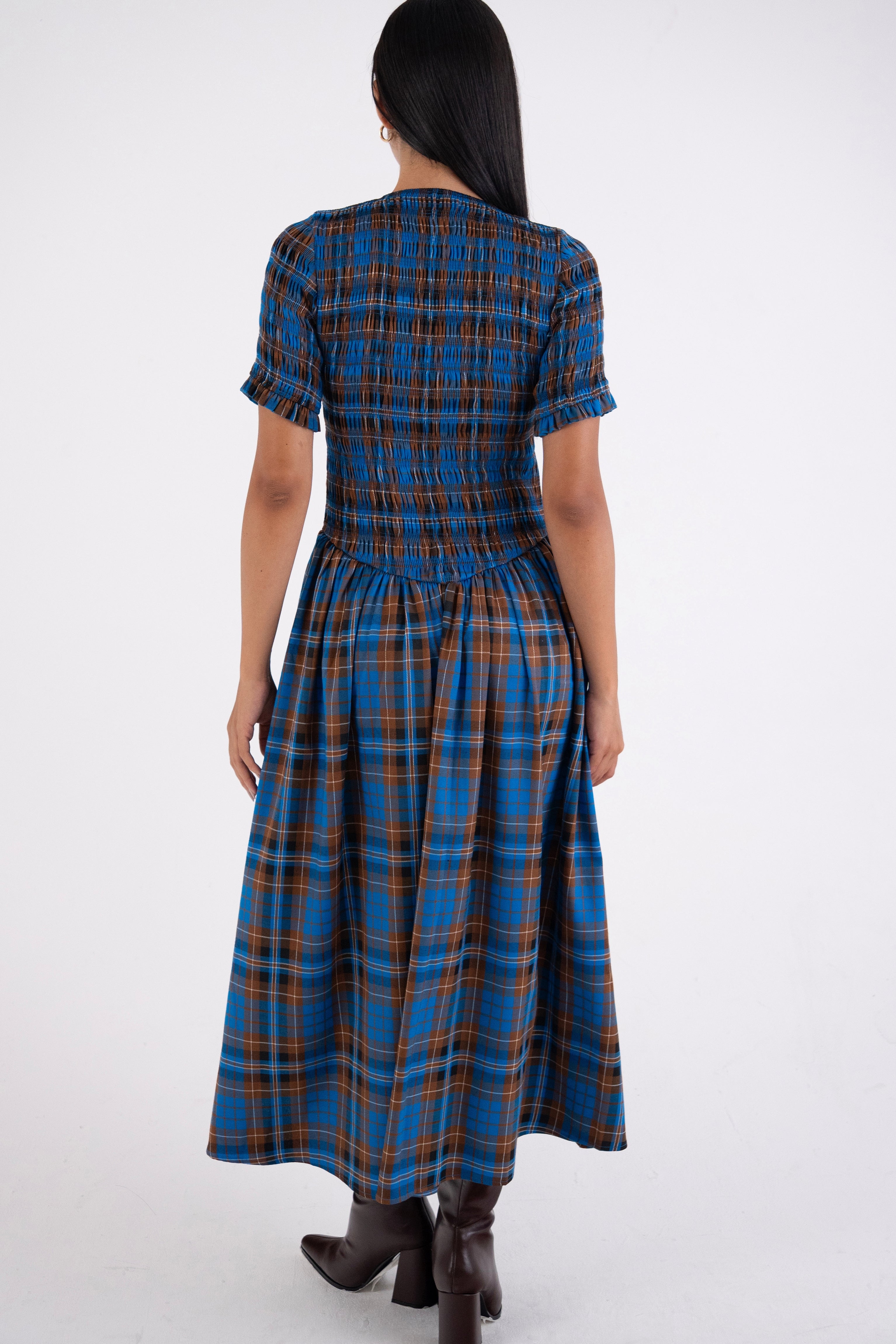 Beatrix Pure Cotton Smocked Blue Plaid Midi Dress