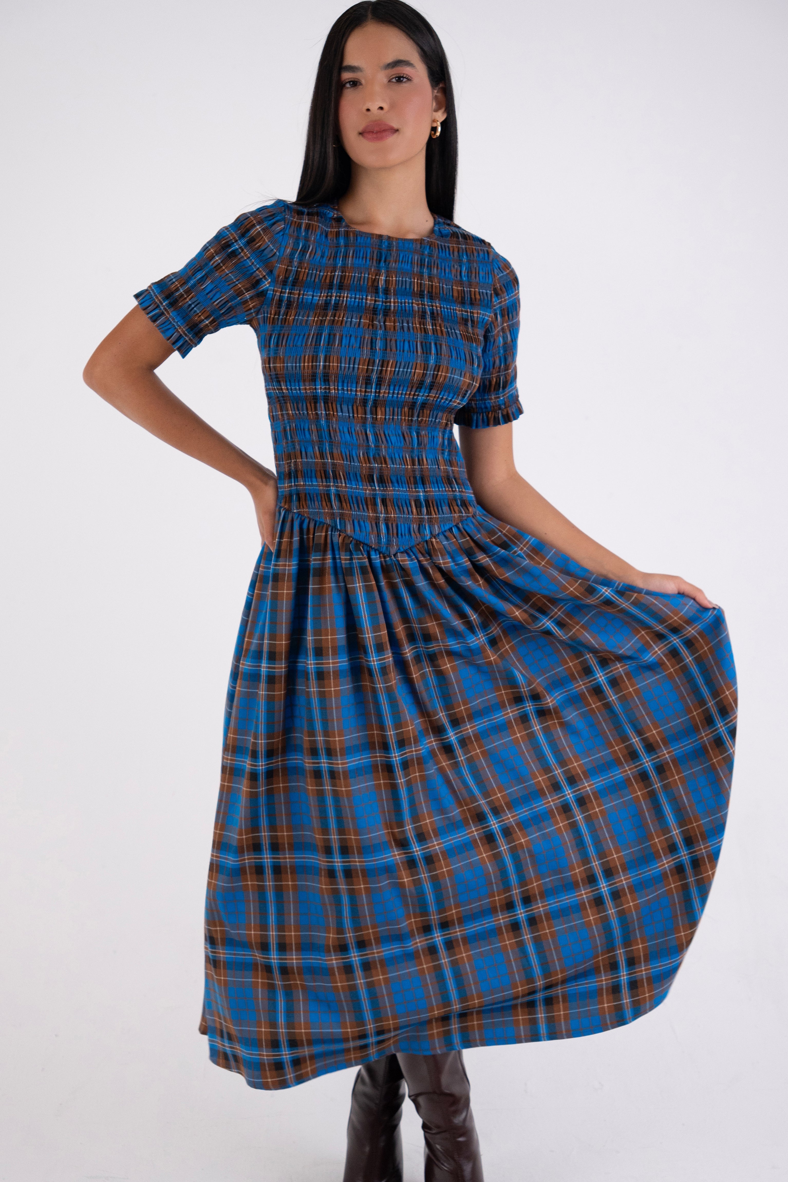 Beatrix Pure Cotton Smocked Blue Plaid Midi Dress
