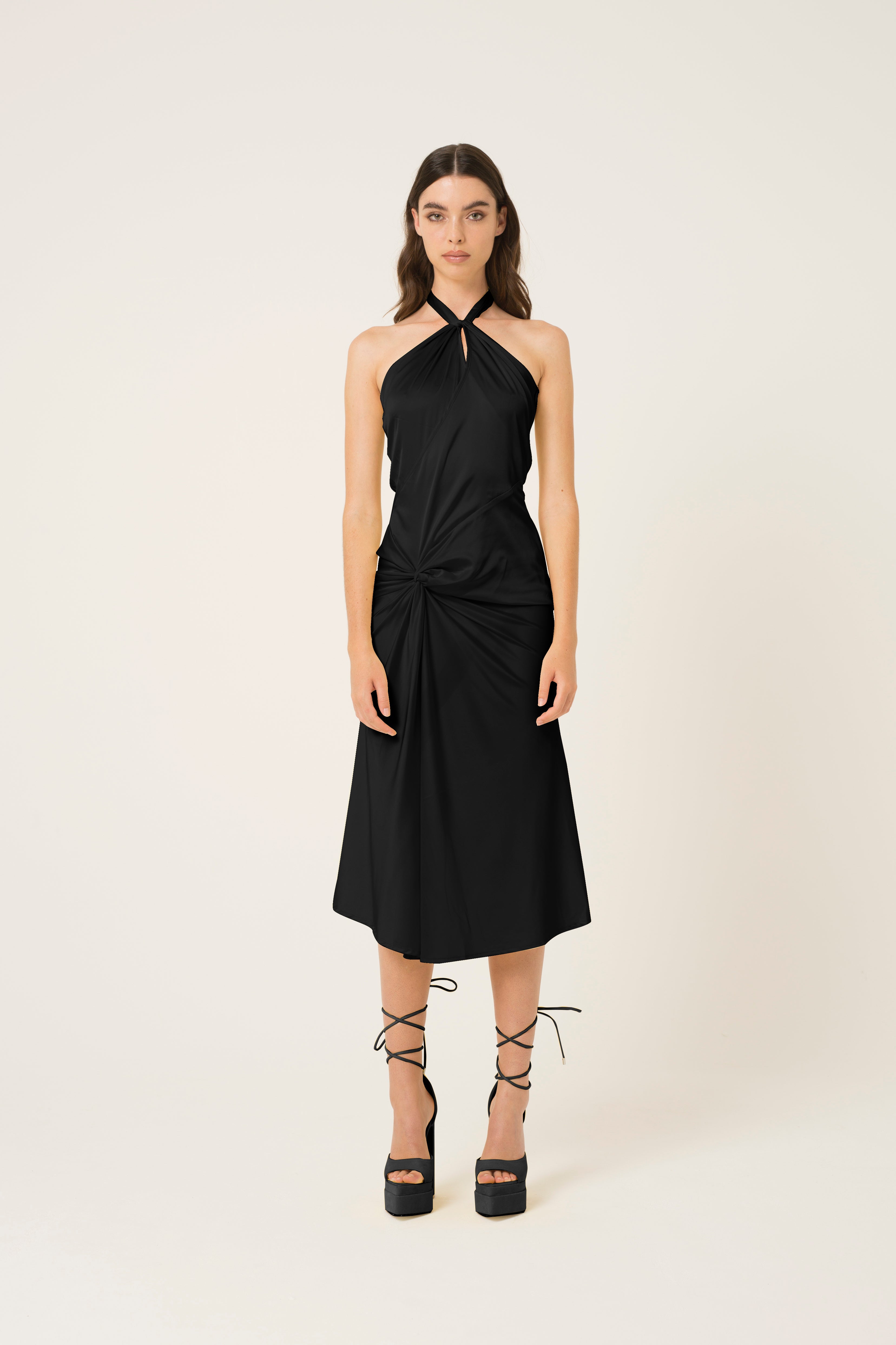 Serena Black Satin Halterneck Midi Dress