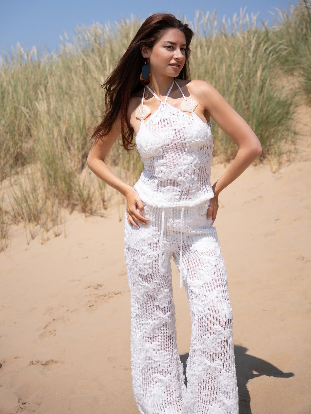 Cici White Pure Cotton Crochet Floral Lace Wide Leg Trouser