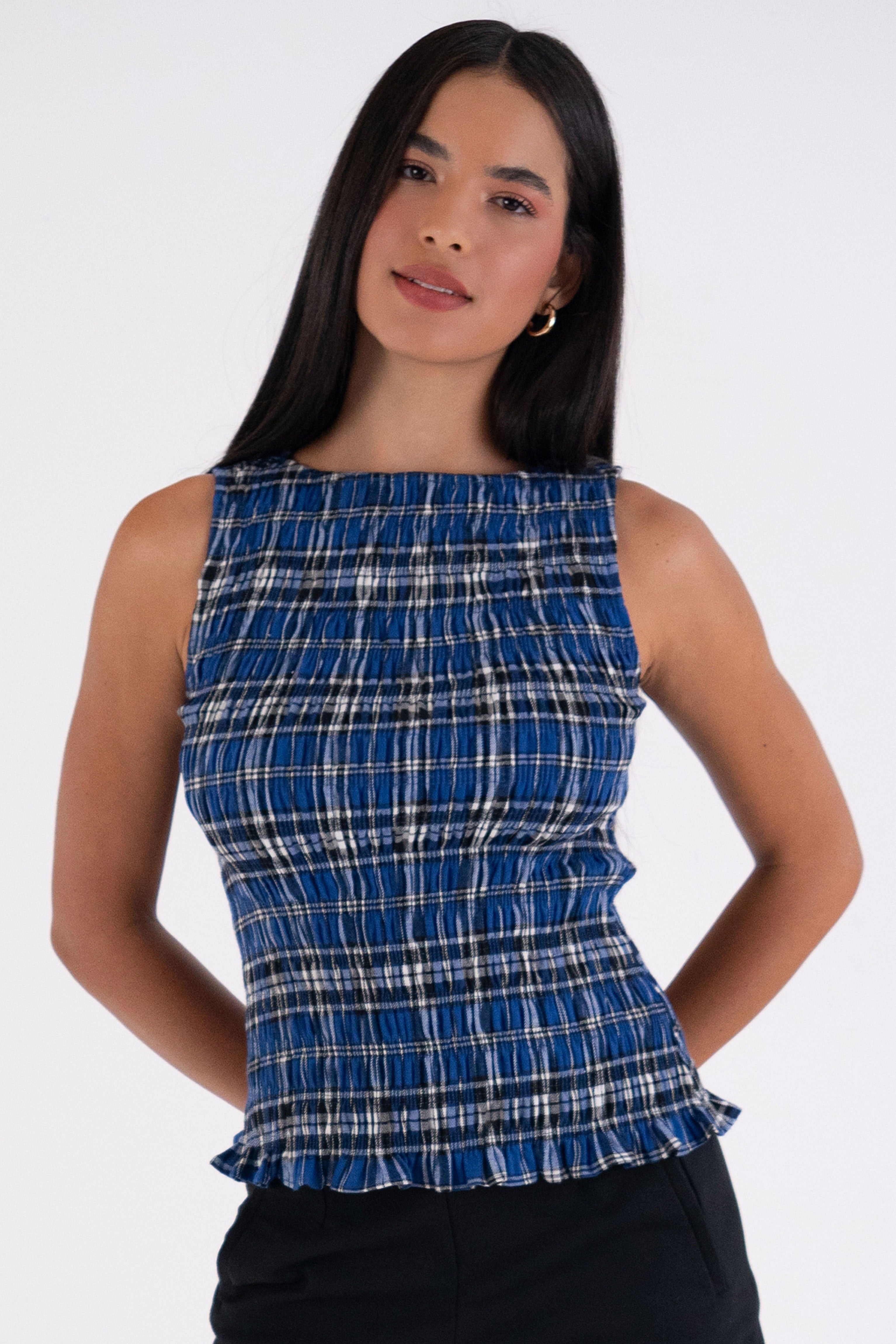 Sonya Pure Cotton Blue Plaid Smocked Top