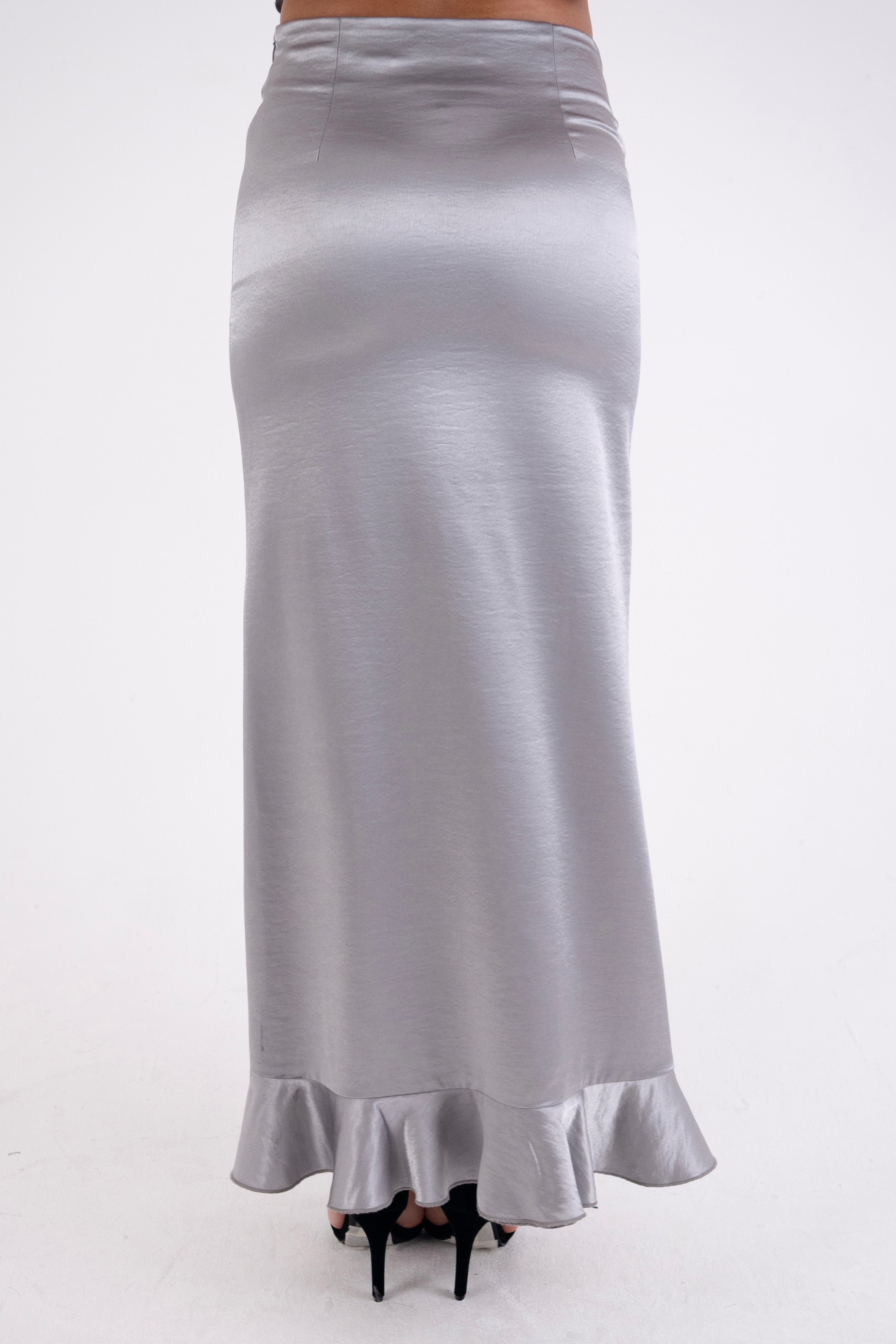 Susie Silver Satin Ruffle Maxi Skirt