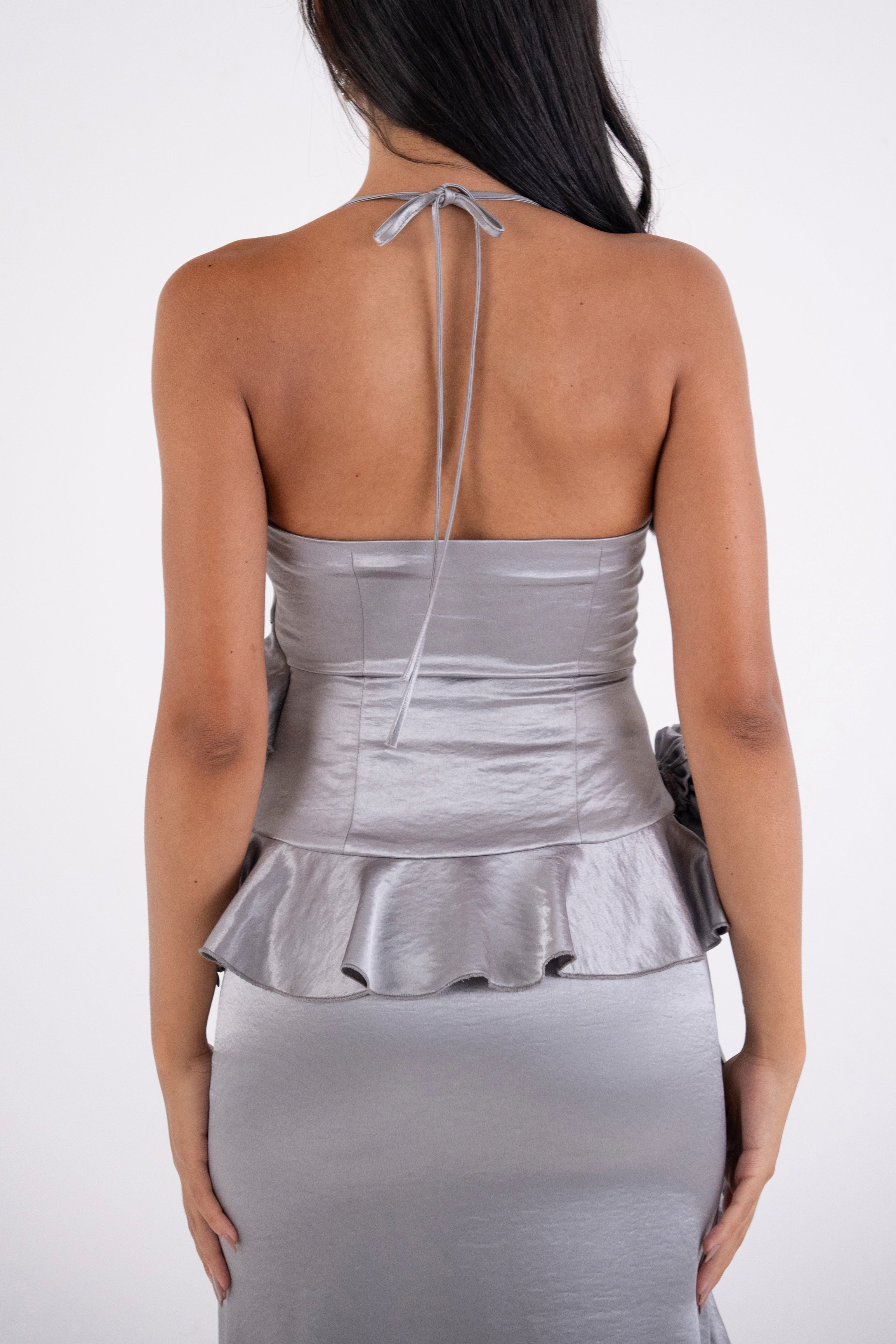 Susie Silver Satin Ruffle Flower Detail Top