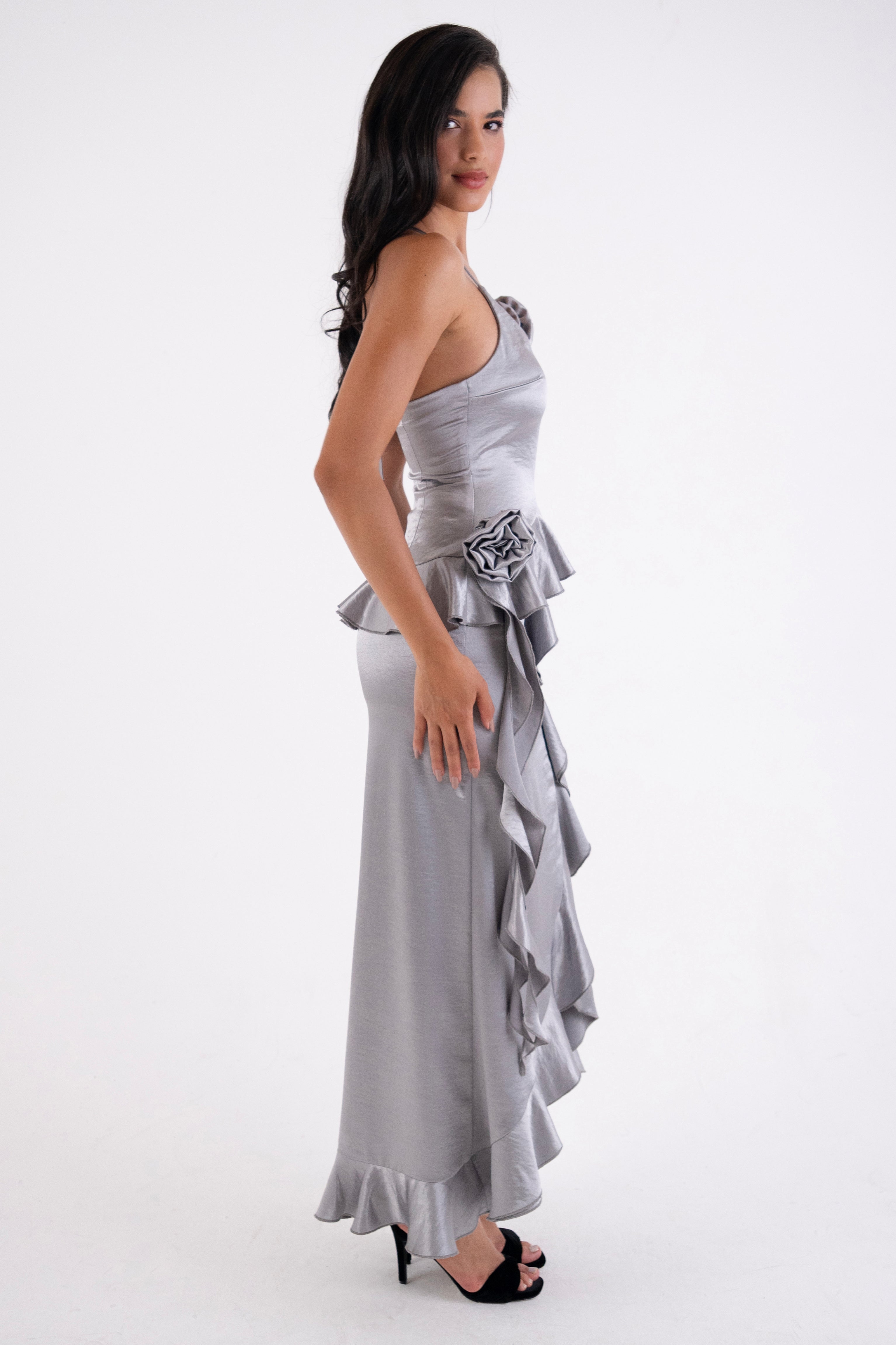 Susie Silver Satin Ruffle Maxi Skirt