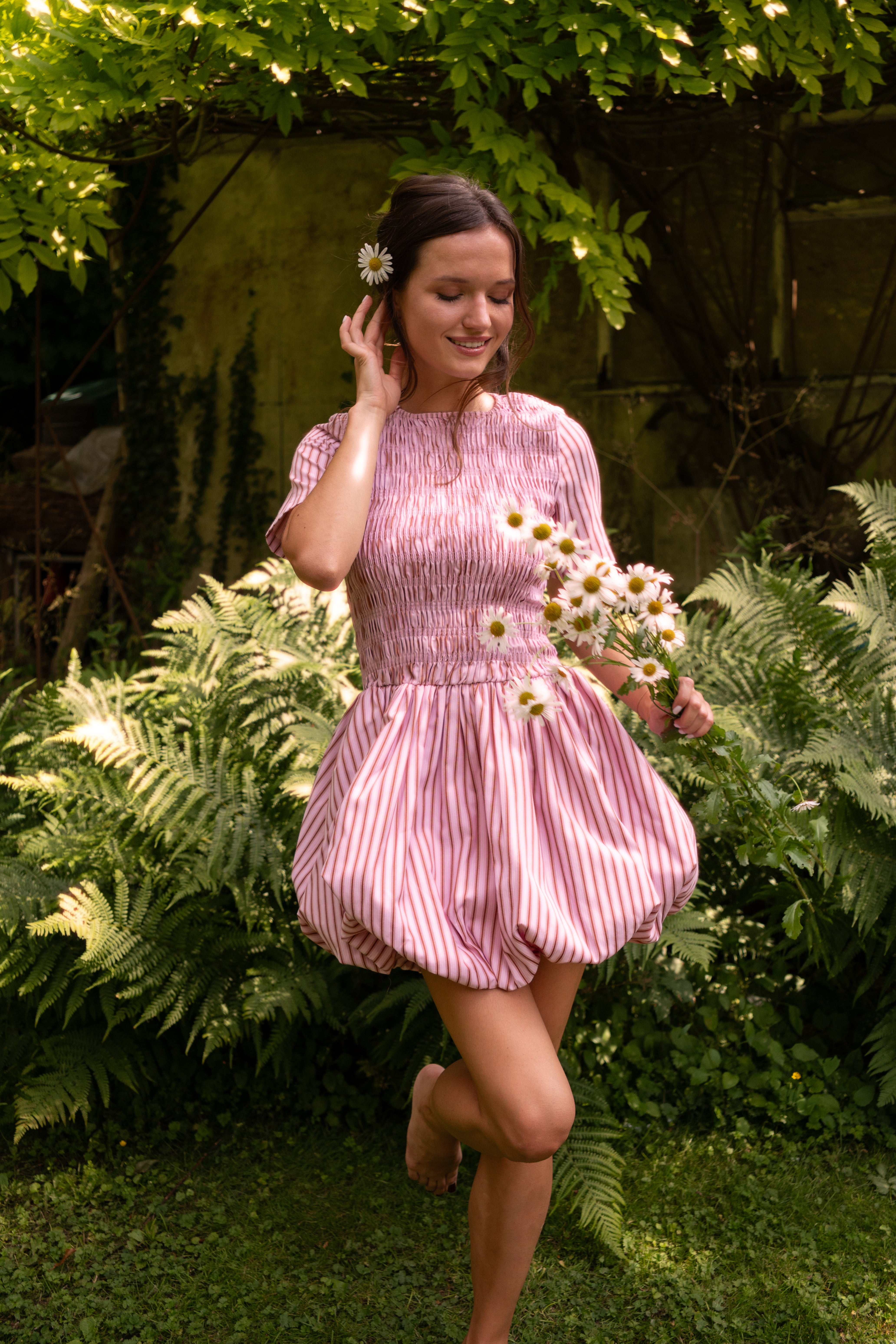 Eleanor Pure Cotton Pink Stripe Mini Puffball Dress