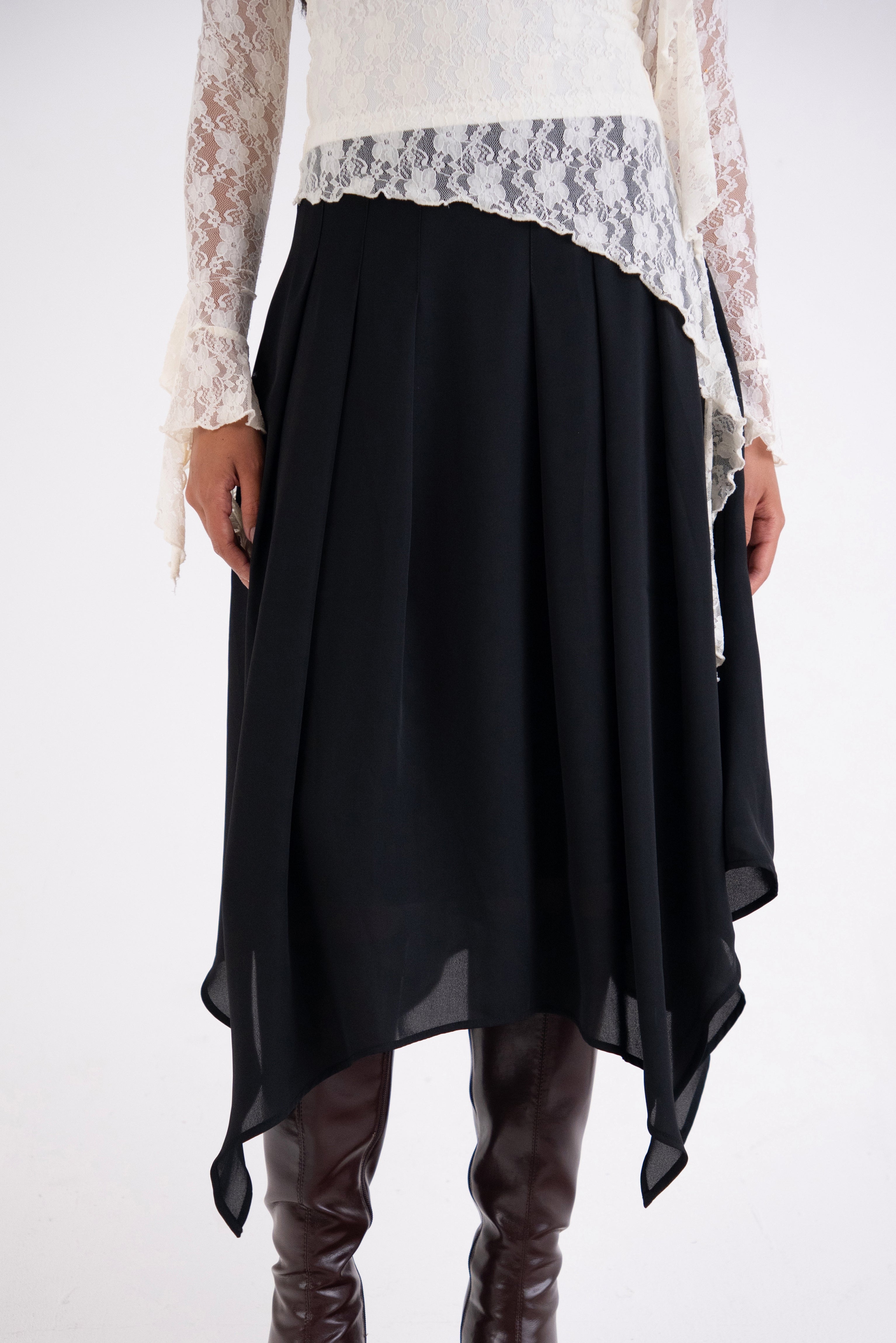 Tilda Black Asymmetric Chiffon Midi Skirt
