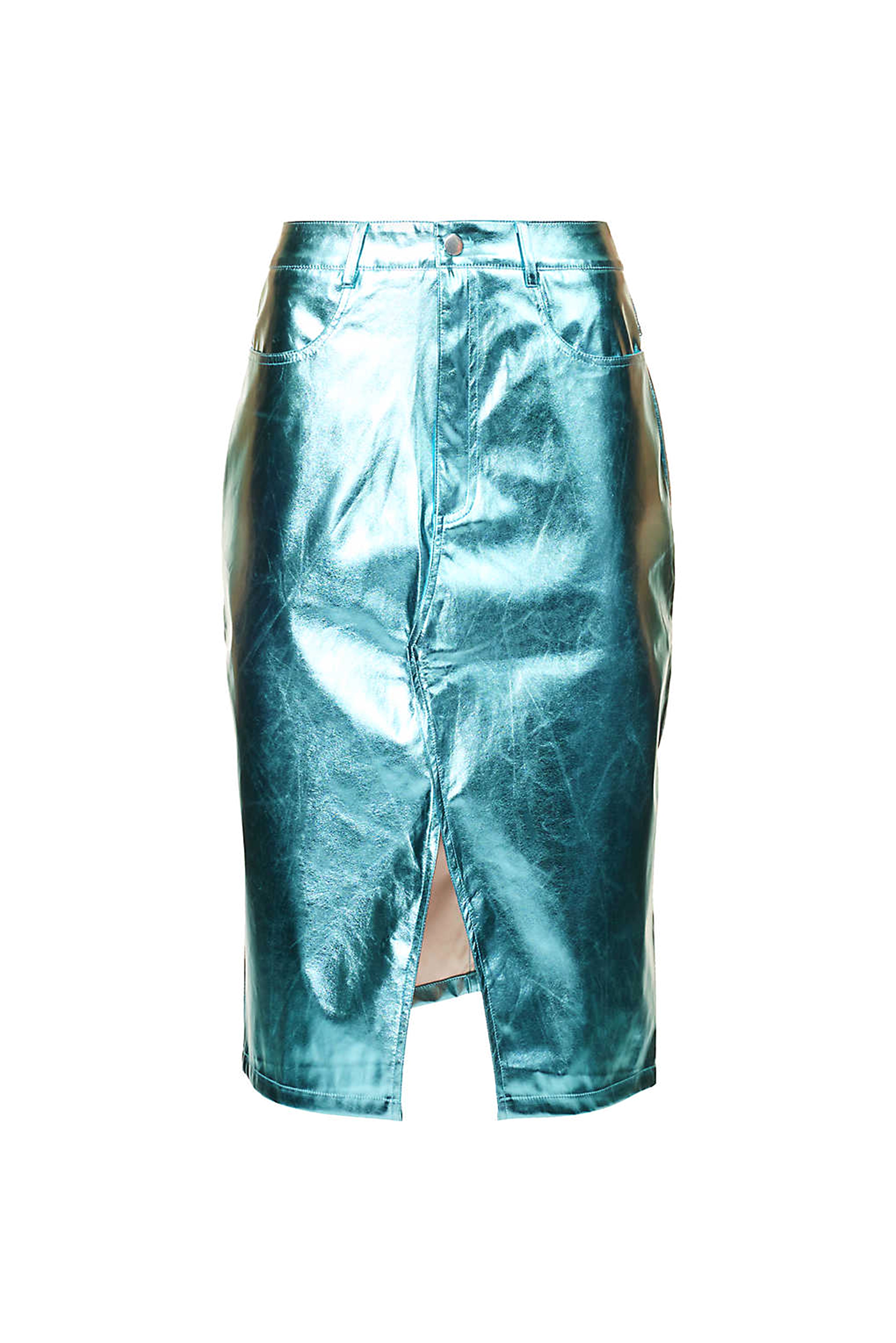Lupe Ice Blue Metallic Leather Midi Skirt