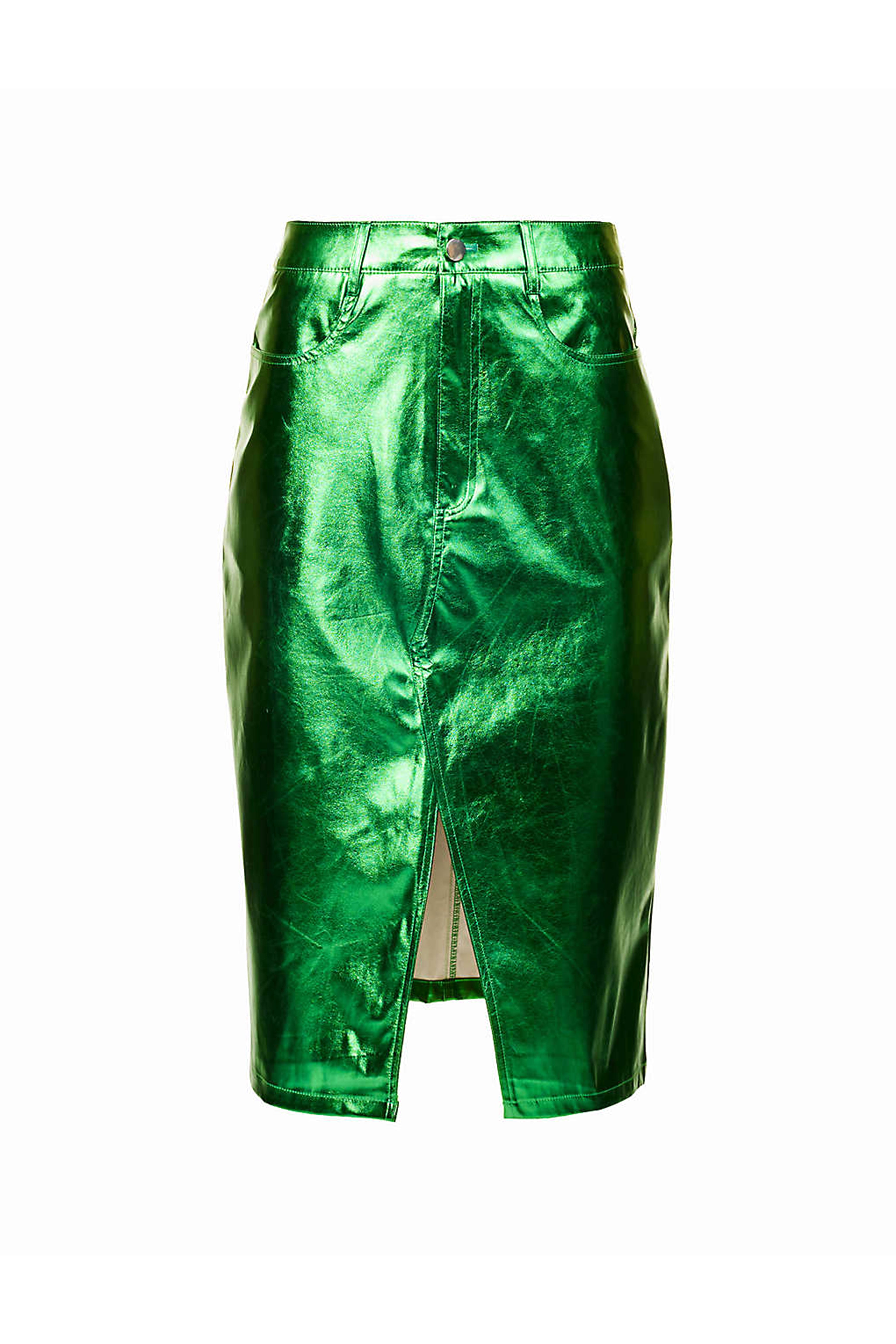 Lupe Shiny Green High Waisted Metallic Faux Leather Pencil Midi Skirt