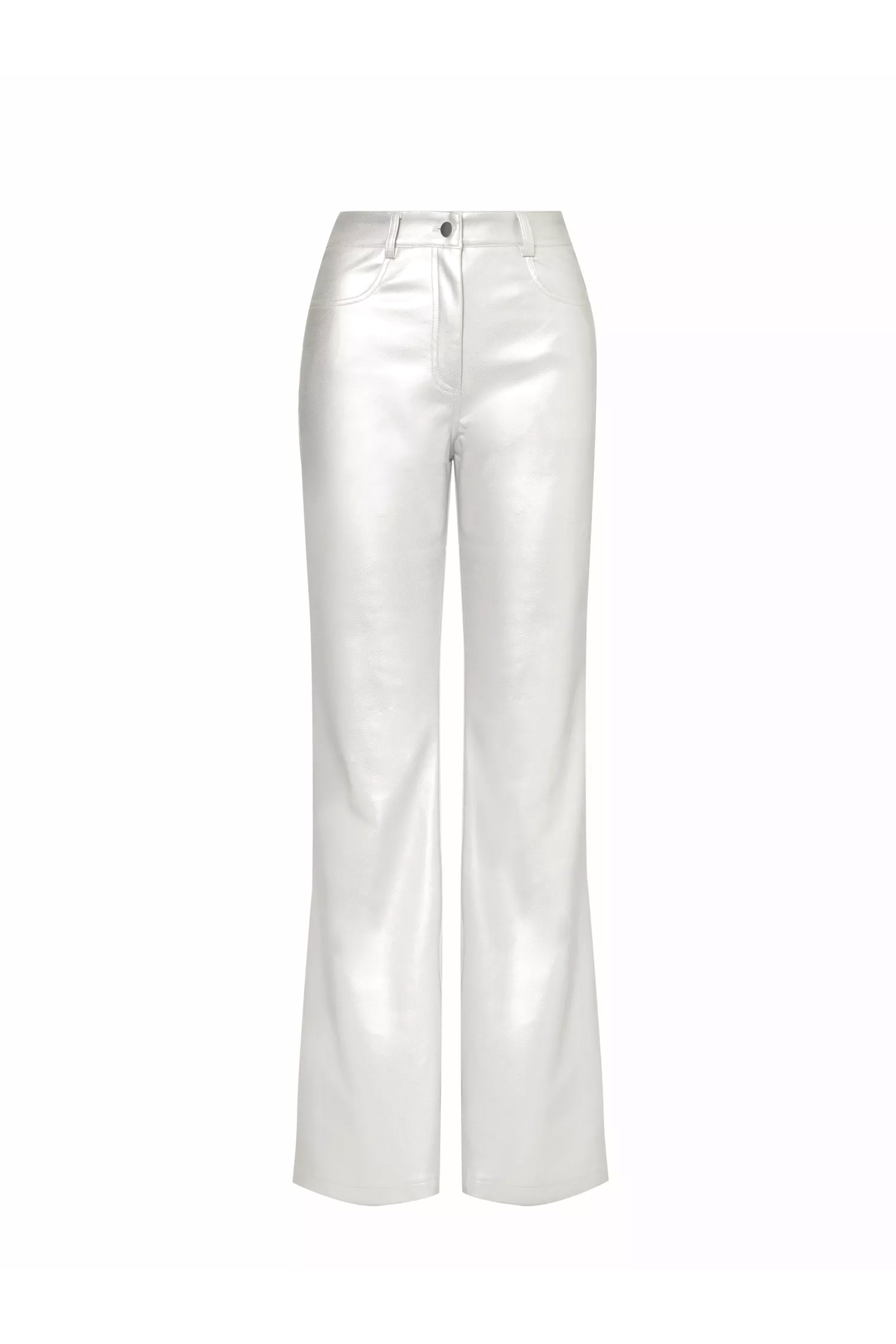 Lupe Silver Wide Leg Metallic Matte Leather Trousers