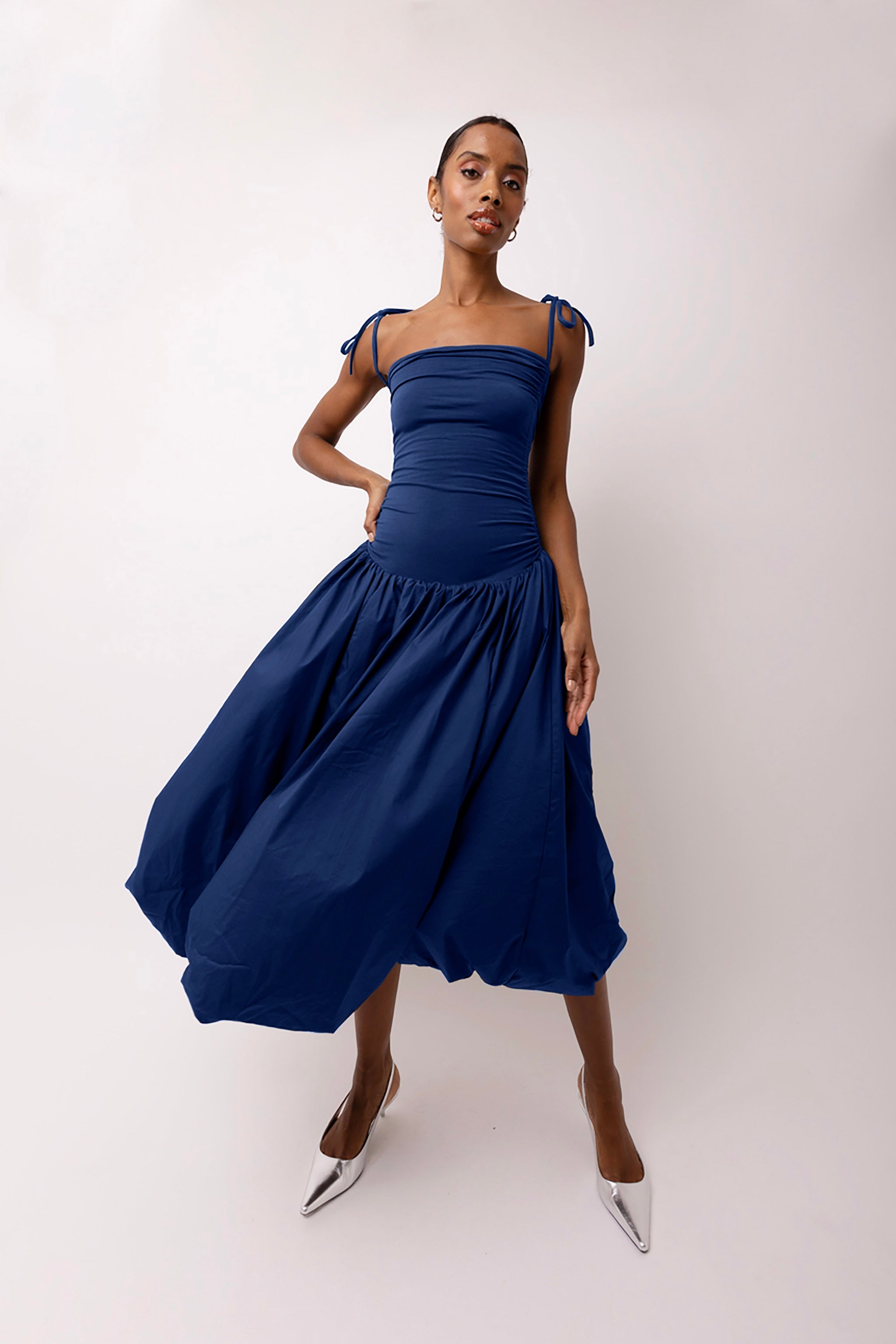 Alexa Rich Cotton Navy Blue Drop Waist Puffball Dress with Self-Tie Fastenings